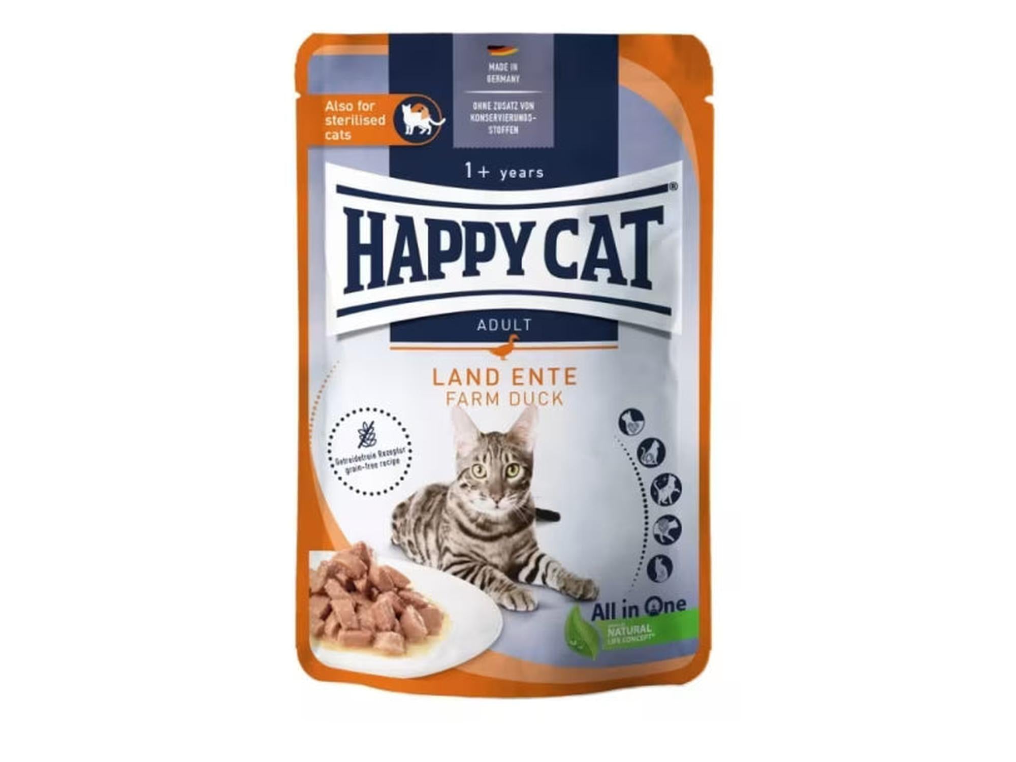 Happy Cat Culinary Adult våtfôr med and, 85g porsjonspose, for voksne katter.