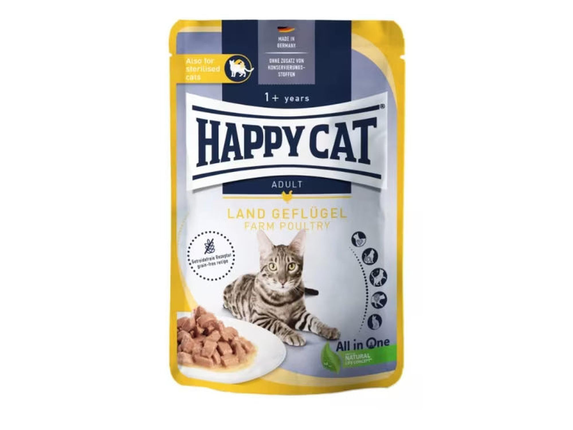 Happy Cat Adult våtfôr med kylling i gul og blå porsjonspose, med en stripete katt og fôrbiter.
