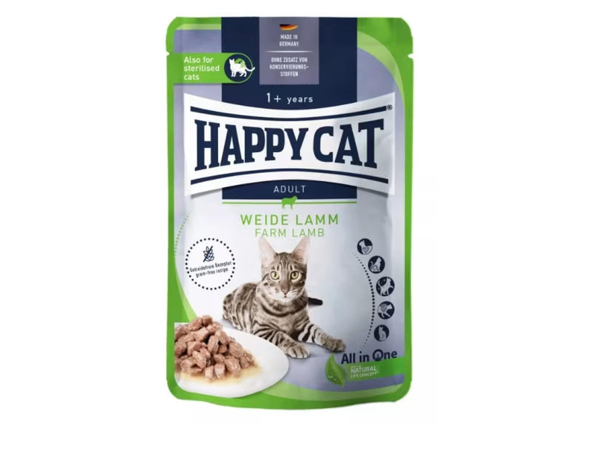 Happy Cat Culinary Adult våtfôr med lam i grønn og hvit porsjonspose, med bilde av katt og mat.