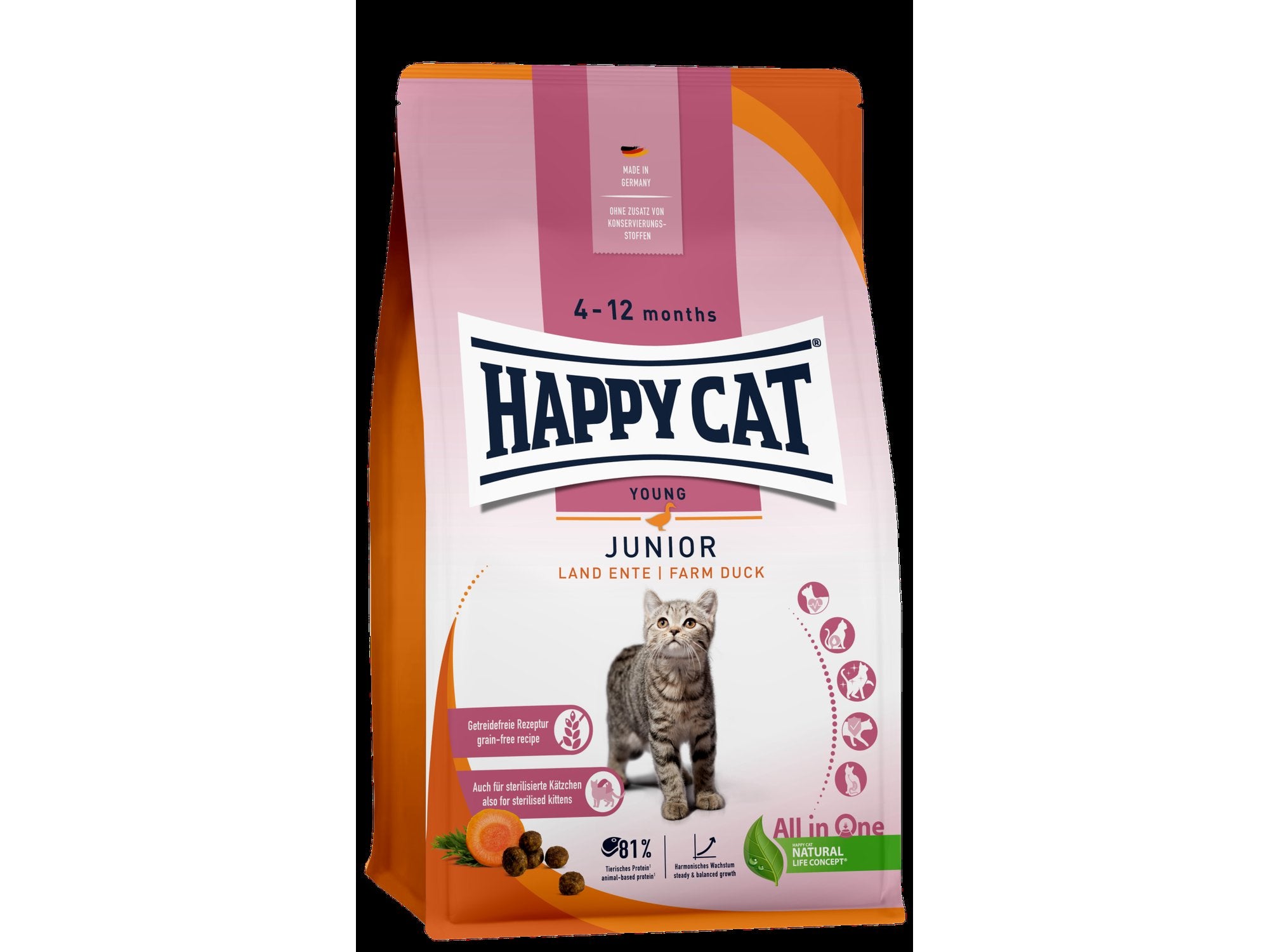 Happy Cat Junior And kornfritt tørrfôr for unge katter, 4-12 måneder, med and og gulrot.