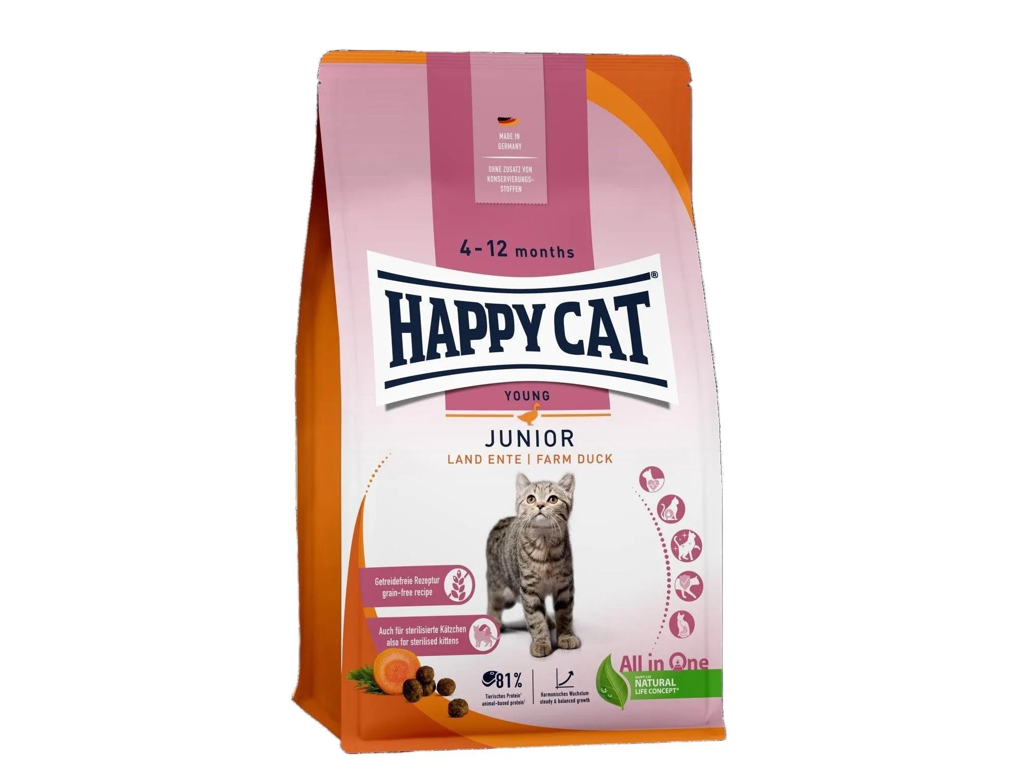 Happy Cat Junior And kornfritt tørrfôr for unge katter, 4-12 måneder, med and og gulrot.