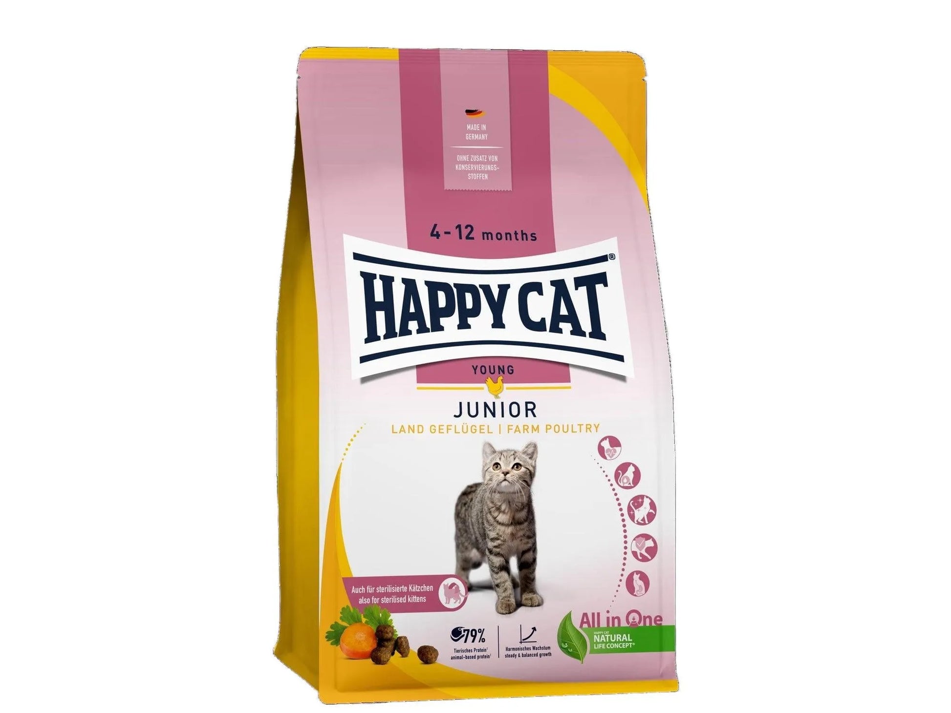 Happy Cat Junior Fugl kattematpose med en kattunge, gulrøtter og fjærkre, for unge katter 4-12 måneder.