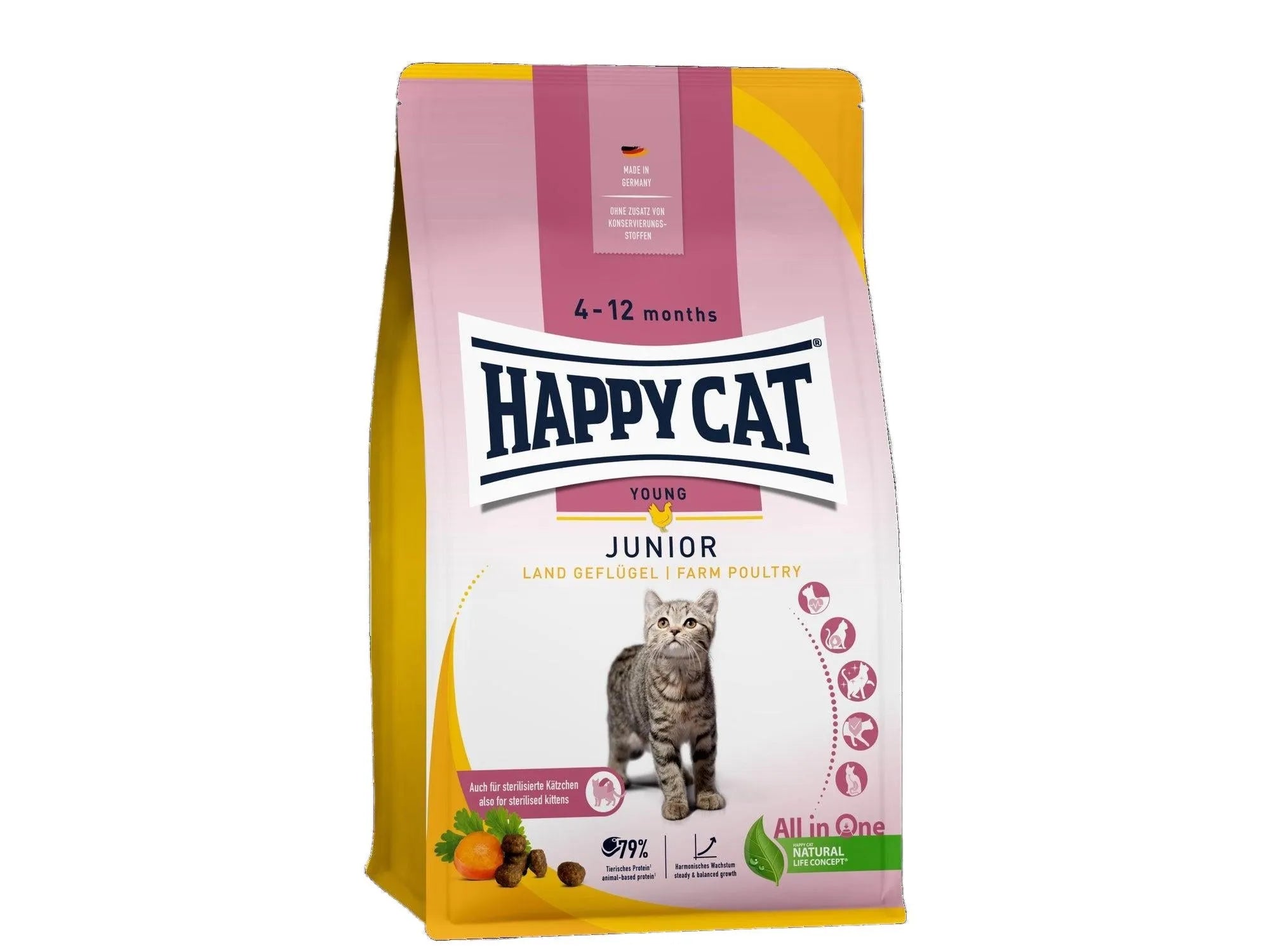Happy Cat Junior Fugl kattematpose med en kattunge, gulrøtter og fjærkre, for unge katter 4-12 måneder.