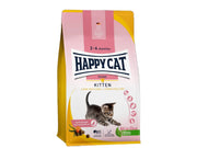 Happy Cat Kitten Fugl premium tørrfôrpose med en lekende kattunge, rosa og gul design.