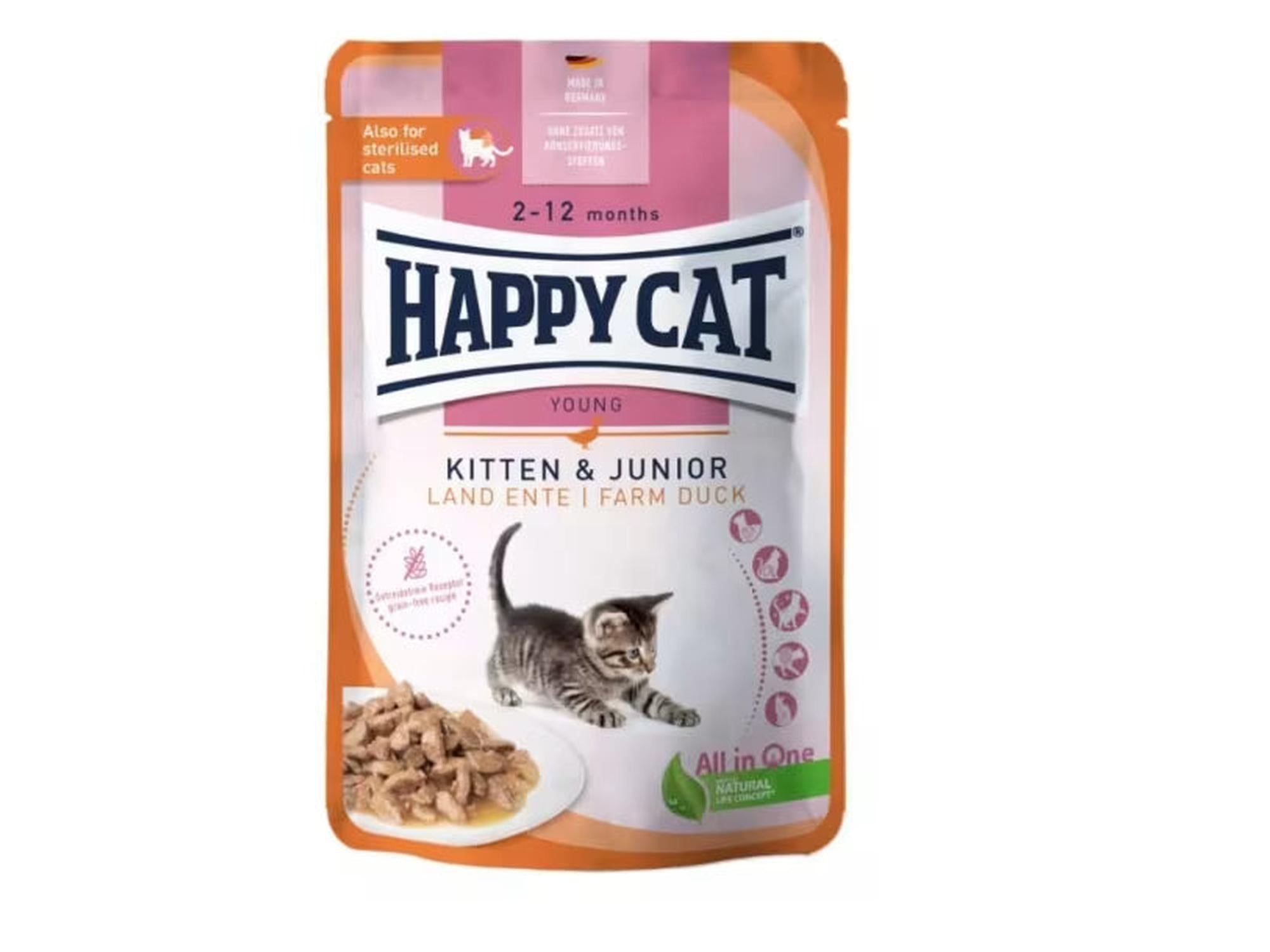 Happy Cat Kitten & Junior våtfôr med and i oransje-hvit porsjonspose, viser kattunge og fôr.