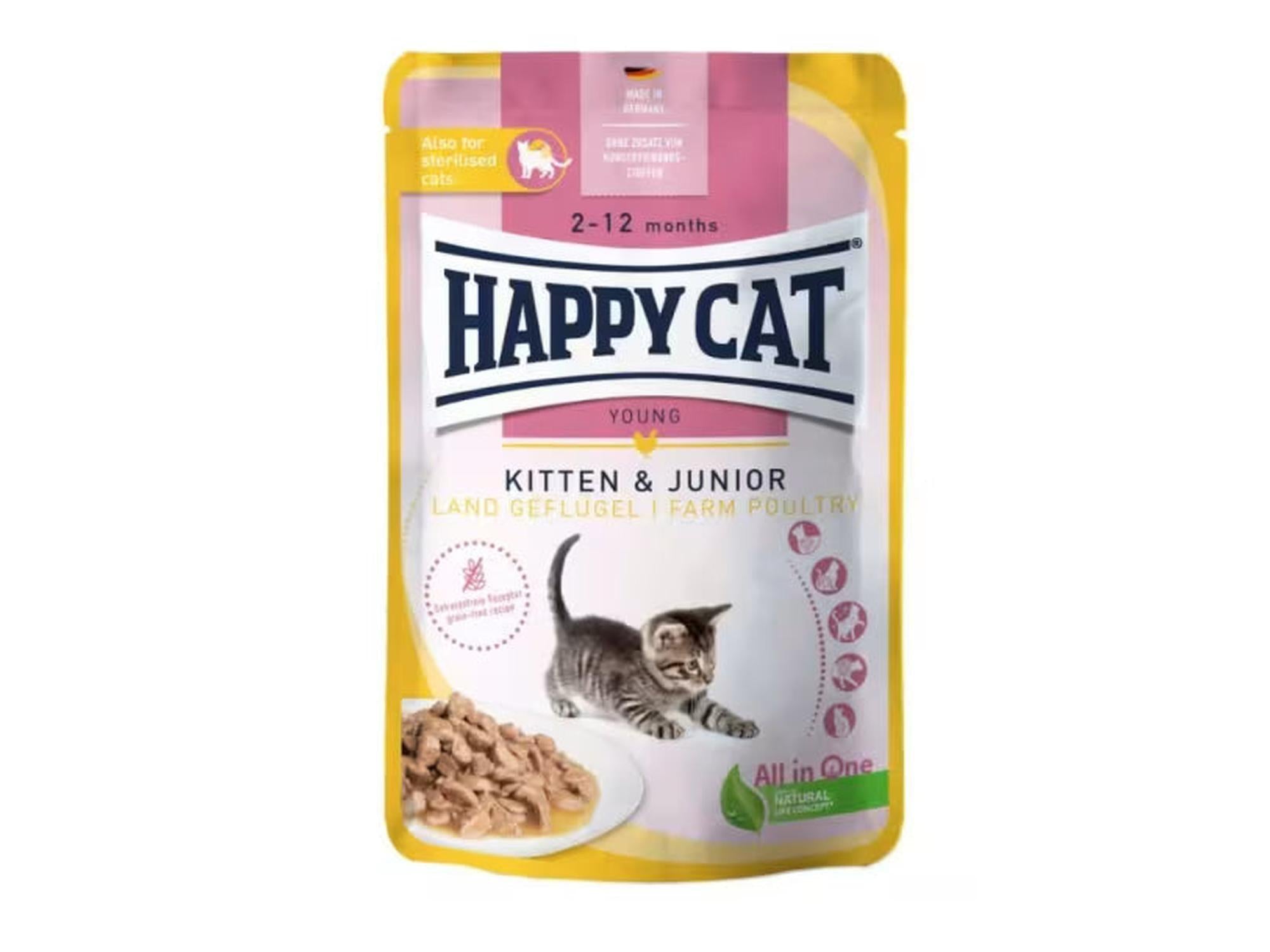 Happy Cat Kitten & Junior våtfôr med fjærkre i gul og rosa porsjonspose, med bilde av kattunge og mat.