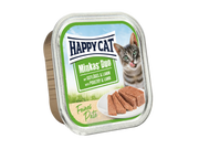 Happy Cat Minkas Duo Fugl & Lam Paté våtfôr i sølvfarget porsjonsboks med grønn etikett.