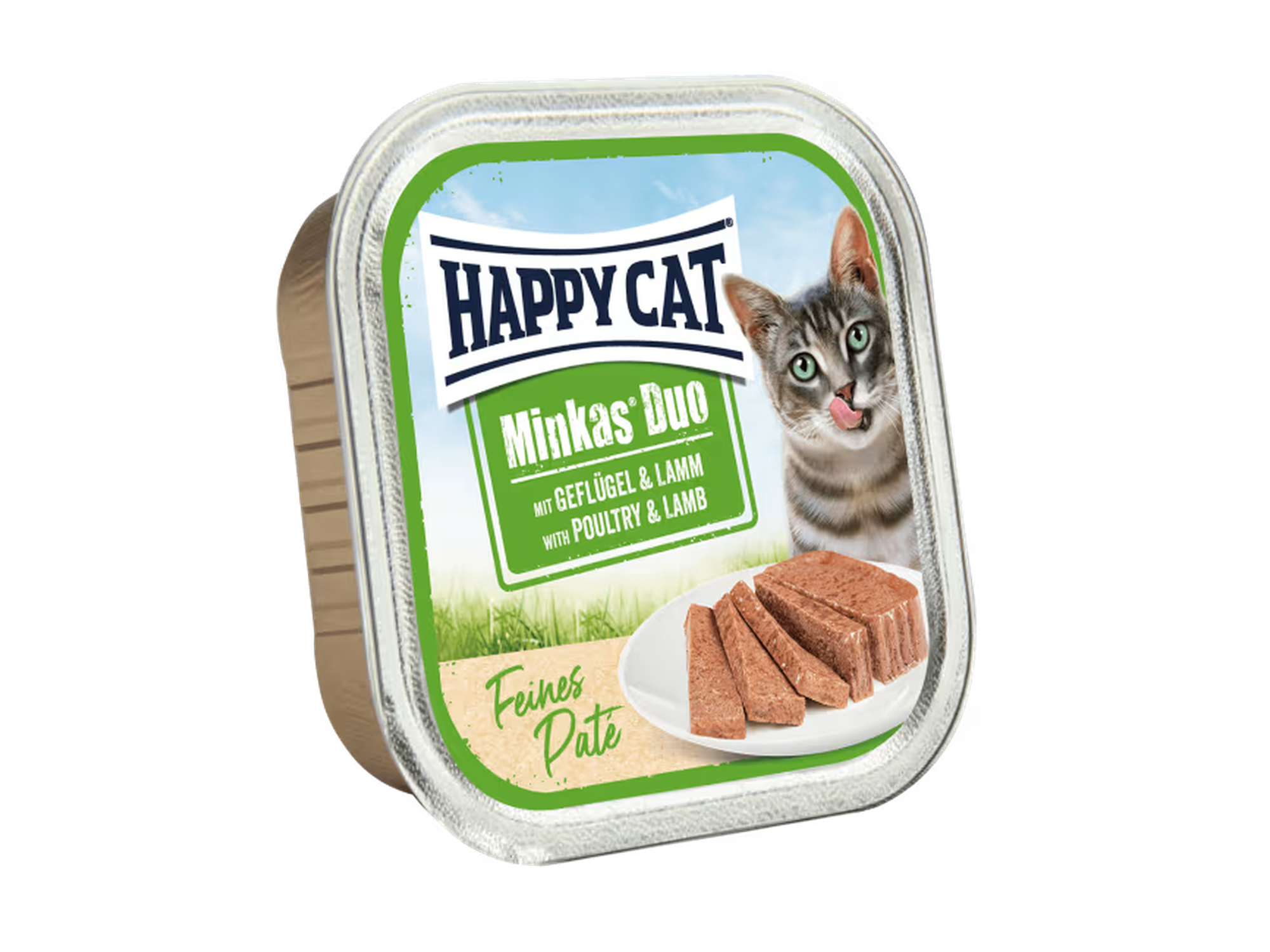 Happy Cat Minkas Duo Fugl & Lam Paté våtfôr i sølvfarget porsjonsboks med grønn etikett.