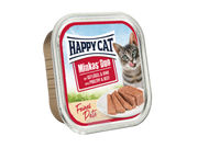 Happy Cat Minkas Duo våtfôr paté med fjærkre og storfekjøtt i en sølvfarget aluminiumsboks.