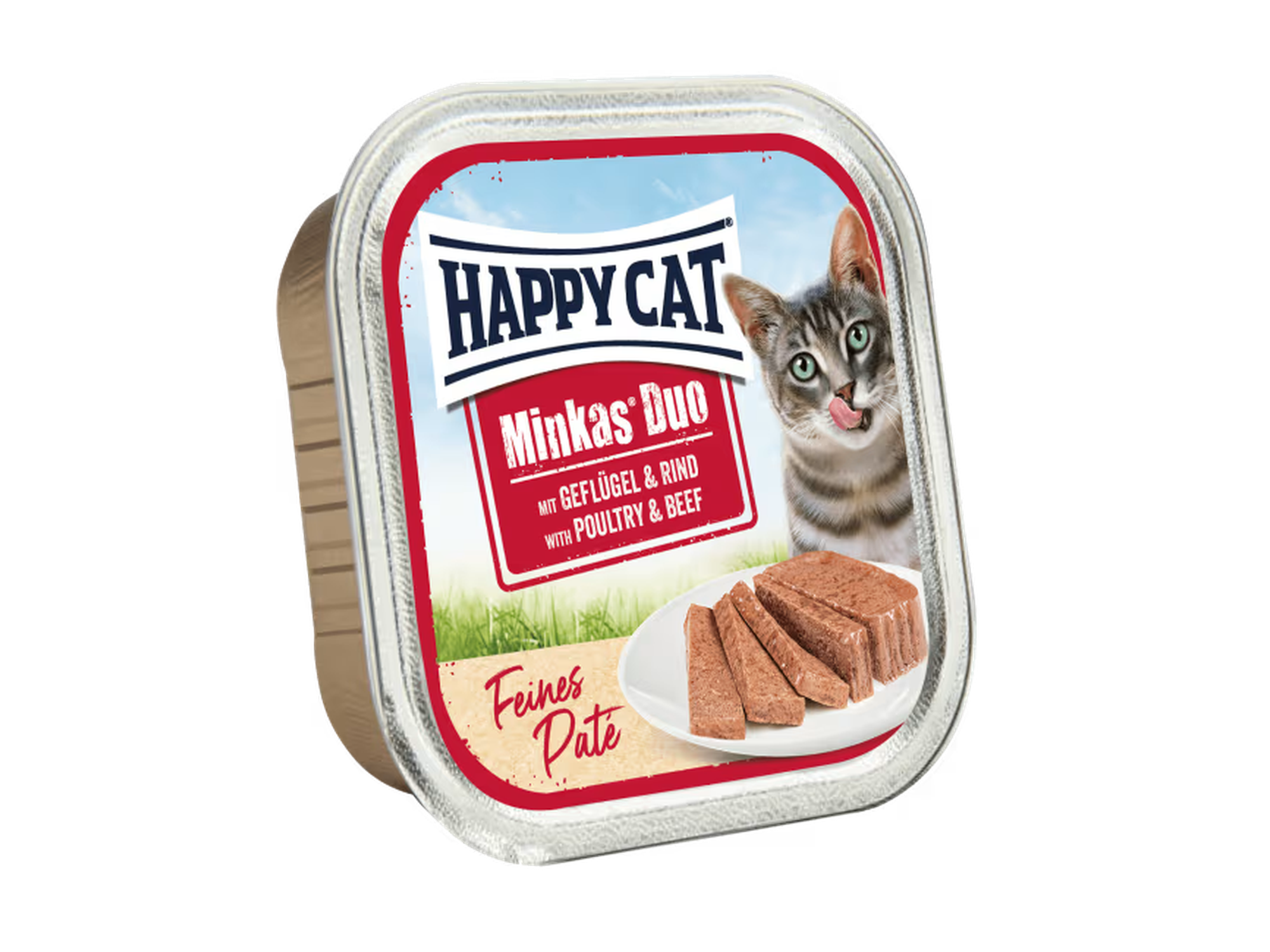 Happy Cat Minkas Duo våtfôr paté med fjærkre og storfekjøtt i en sølvfarget aluminiumsboks.