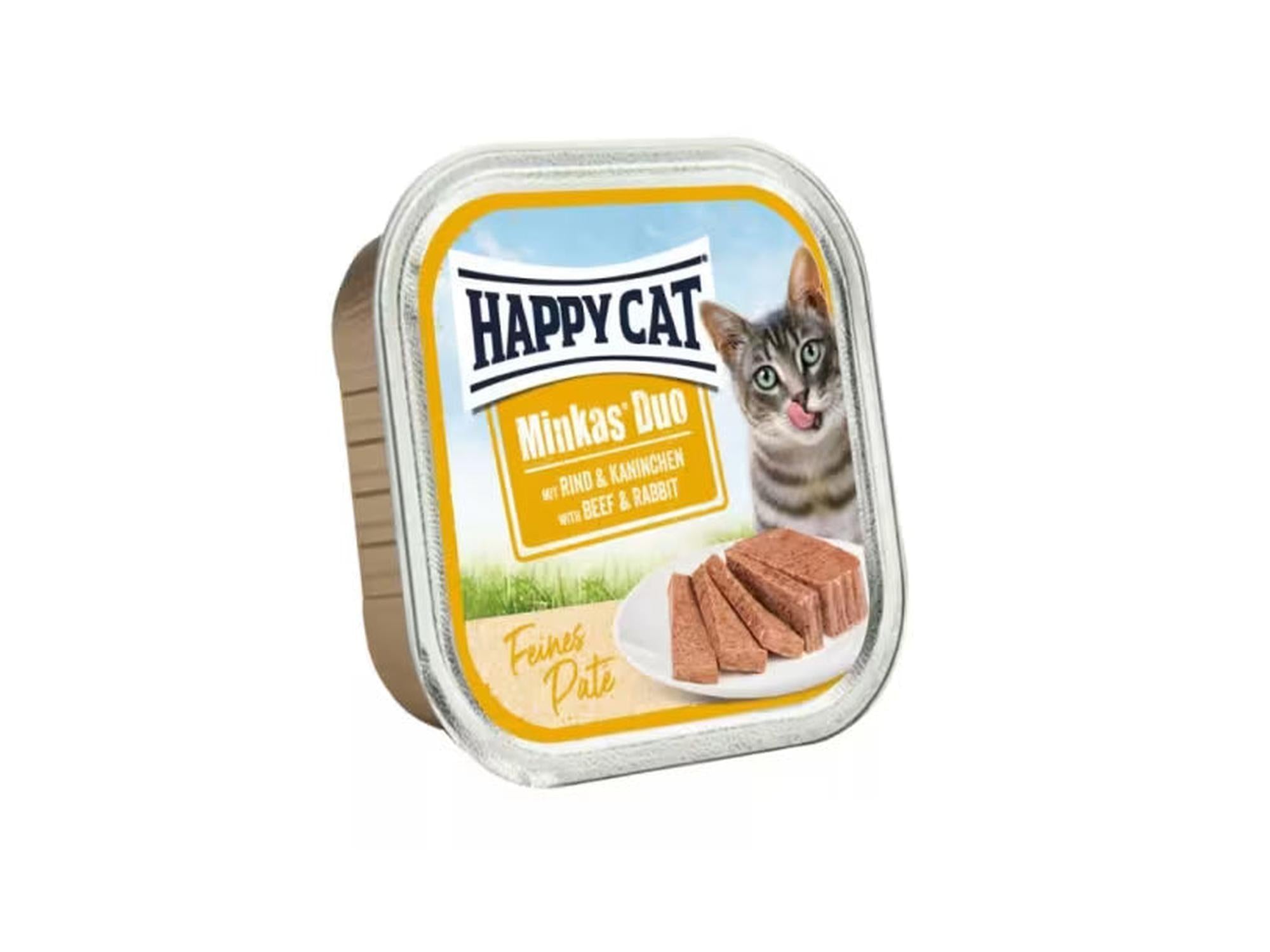 Happy Cat Minkas Duo våtfôr med okse og kanin paté i en firkantet porsjonsboks.