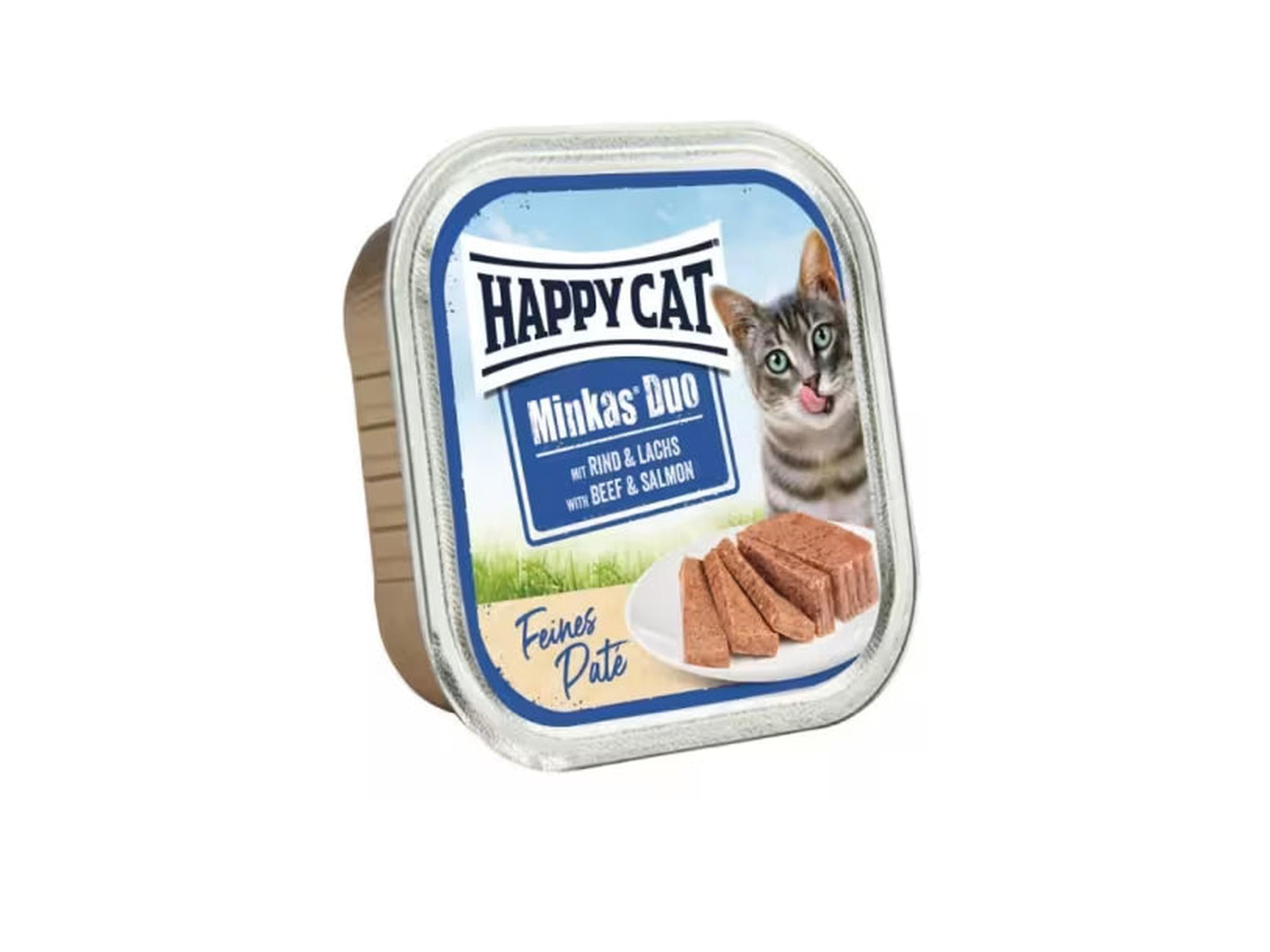 Happy Cat Minkas Duo våtfôr paté med okse og laks i en sølvfarget porsjonsboks.