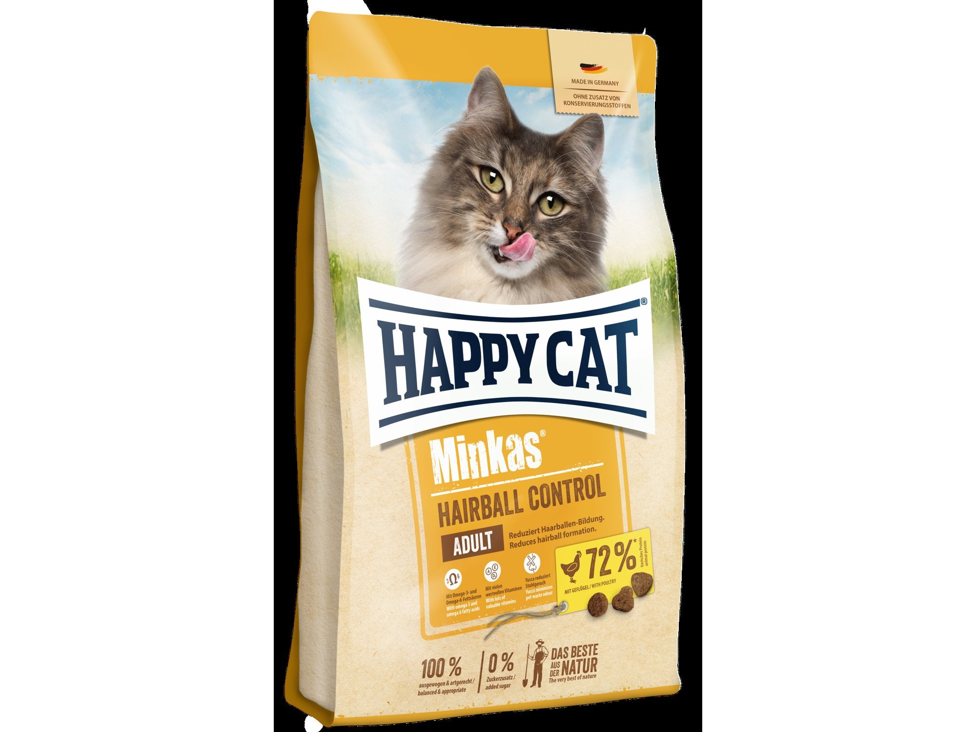 Happy Cat Minkas Hairball Control 10kg kattemat i gul og beige pose med bilde av en grå katt.