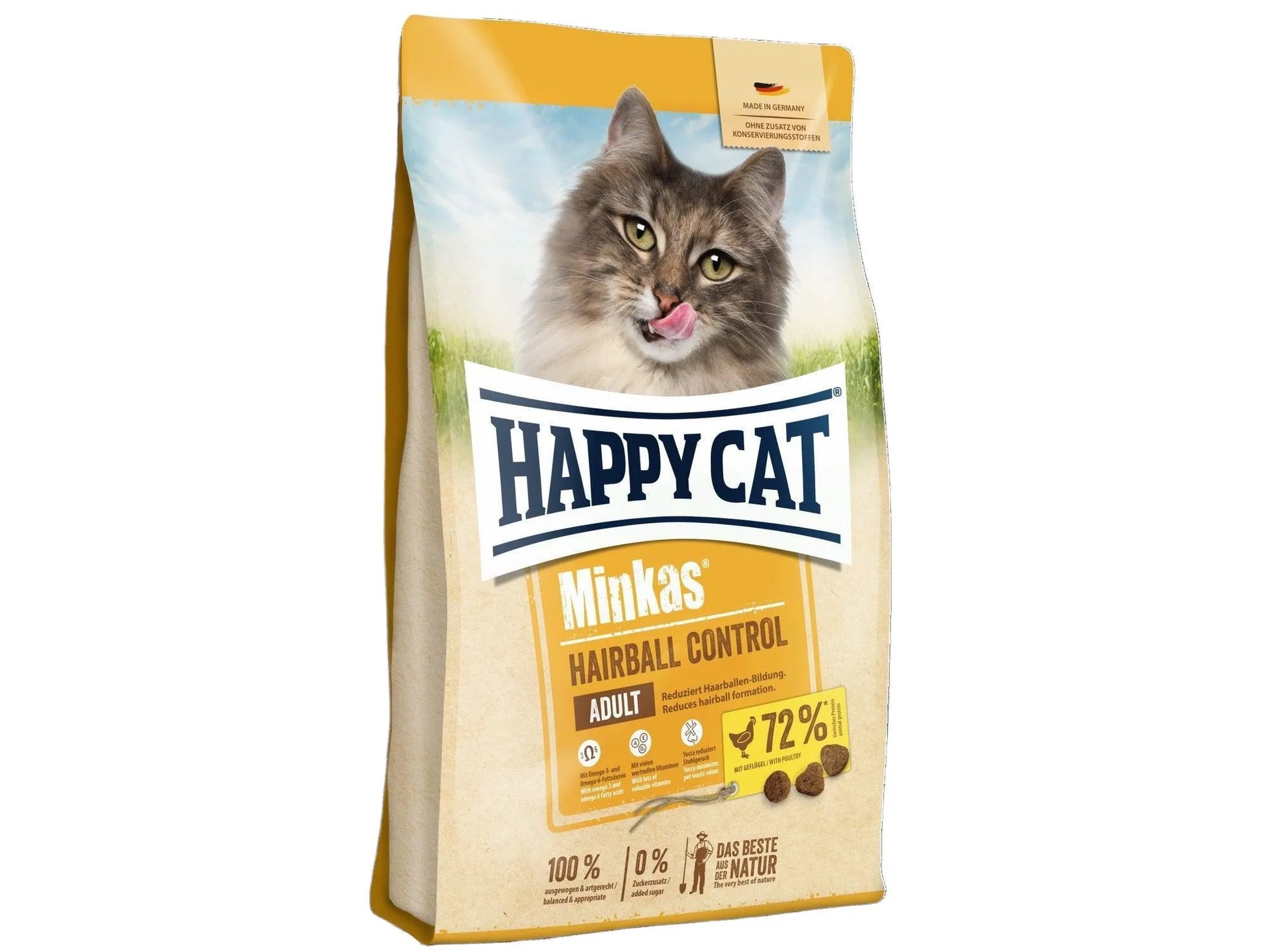 Happy Cat Minkas Hairball Control 10kg kattemat i gul og beige pose med bilde av en grå katt.
