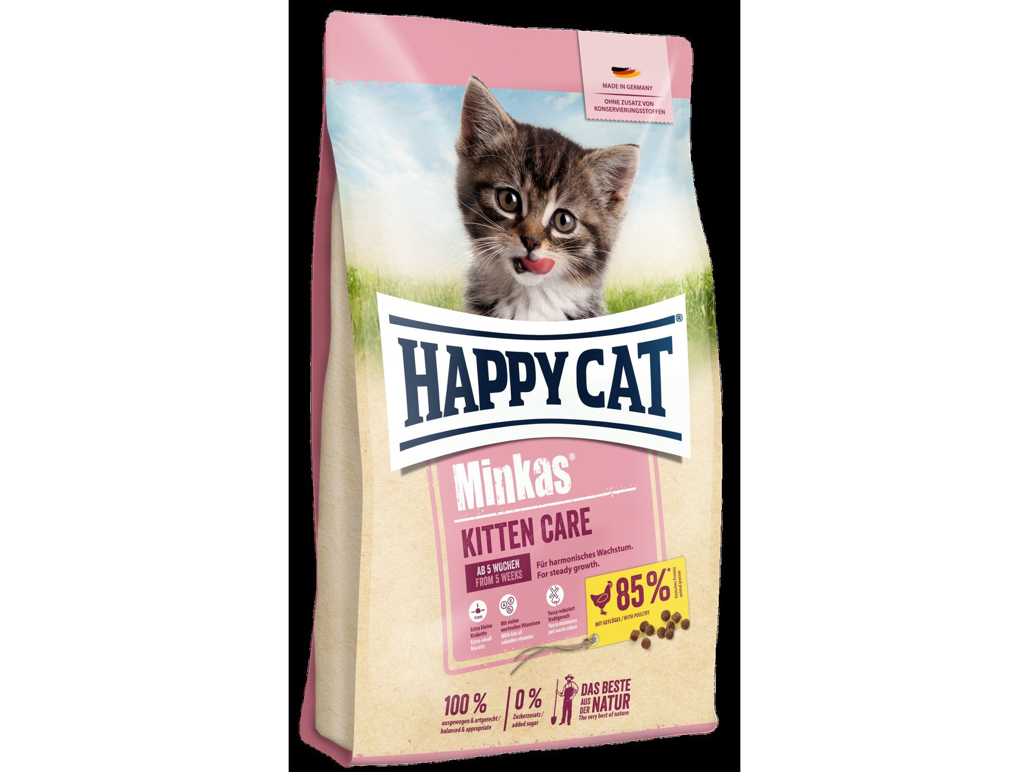 Happy Cat Minkas Kitten Care 10kg pose med kattunge og fjærfe-illustrasjon.