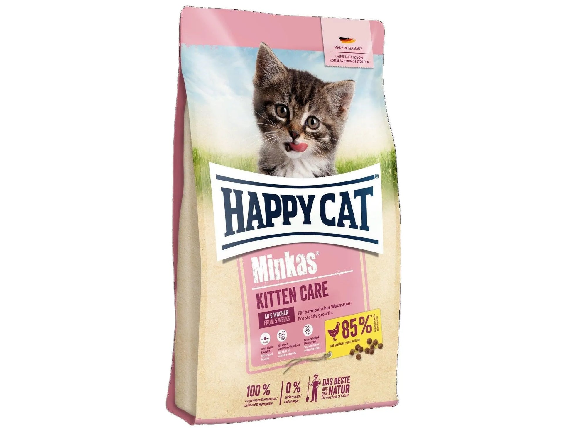 Happy Cat Minkas Kitten Care 10kg pose med kattunge og fjærfe-illustrasjon.