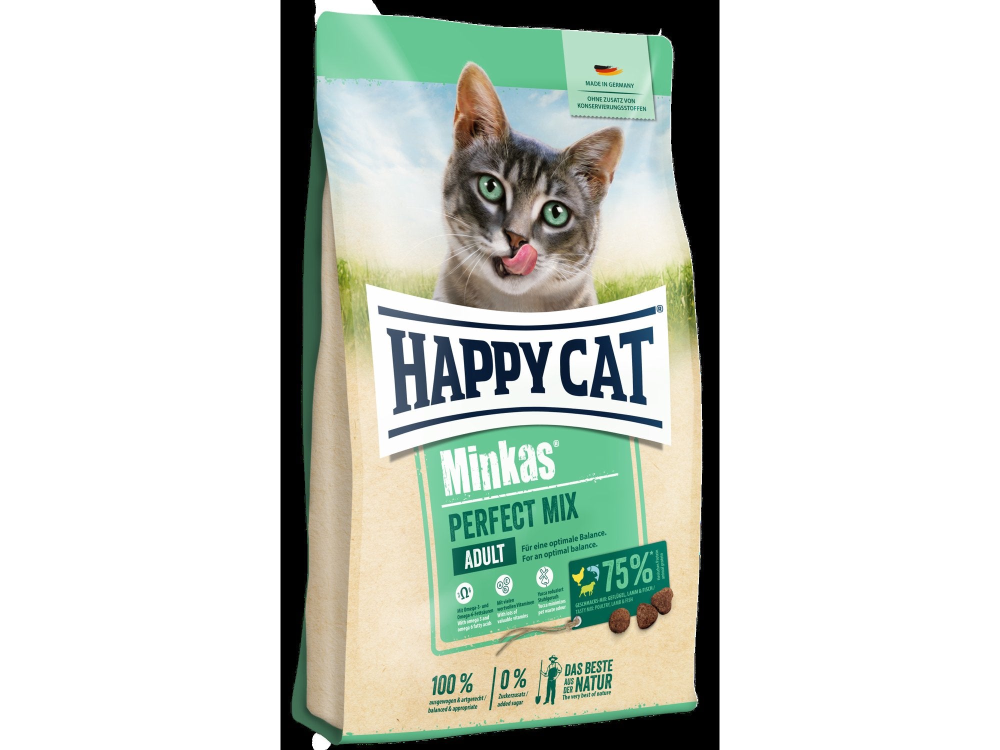 Happy Cat Minkas Perfect Mix tørrfôr for voksne katter, 1,5kg pose med bilde av en katt og grønt toppfelt.