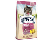Happy Cat Minkas Sterilised Fugl 10kg kattematpose med en tabbykatt og lilla topp.