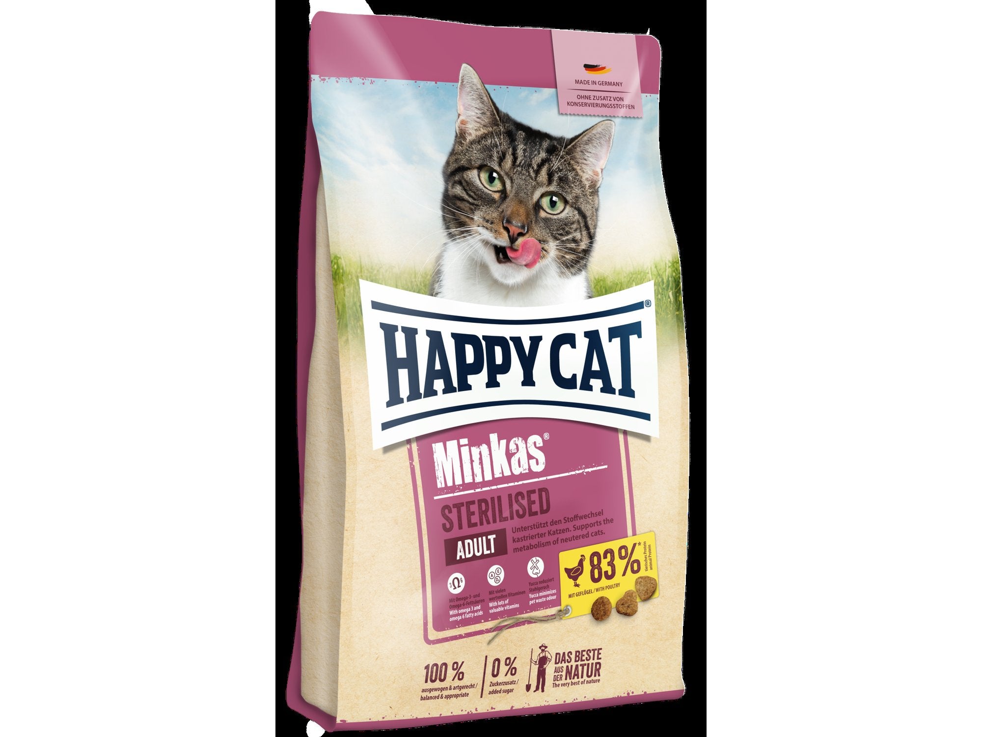 Happy Cat Minkas Sterilised Fugl 10kg kattematpose med en tabbykatt og lilla topp.