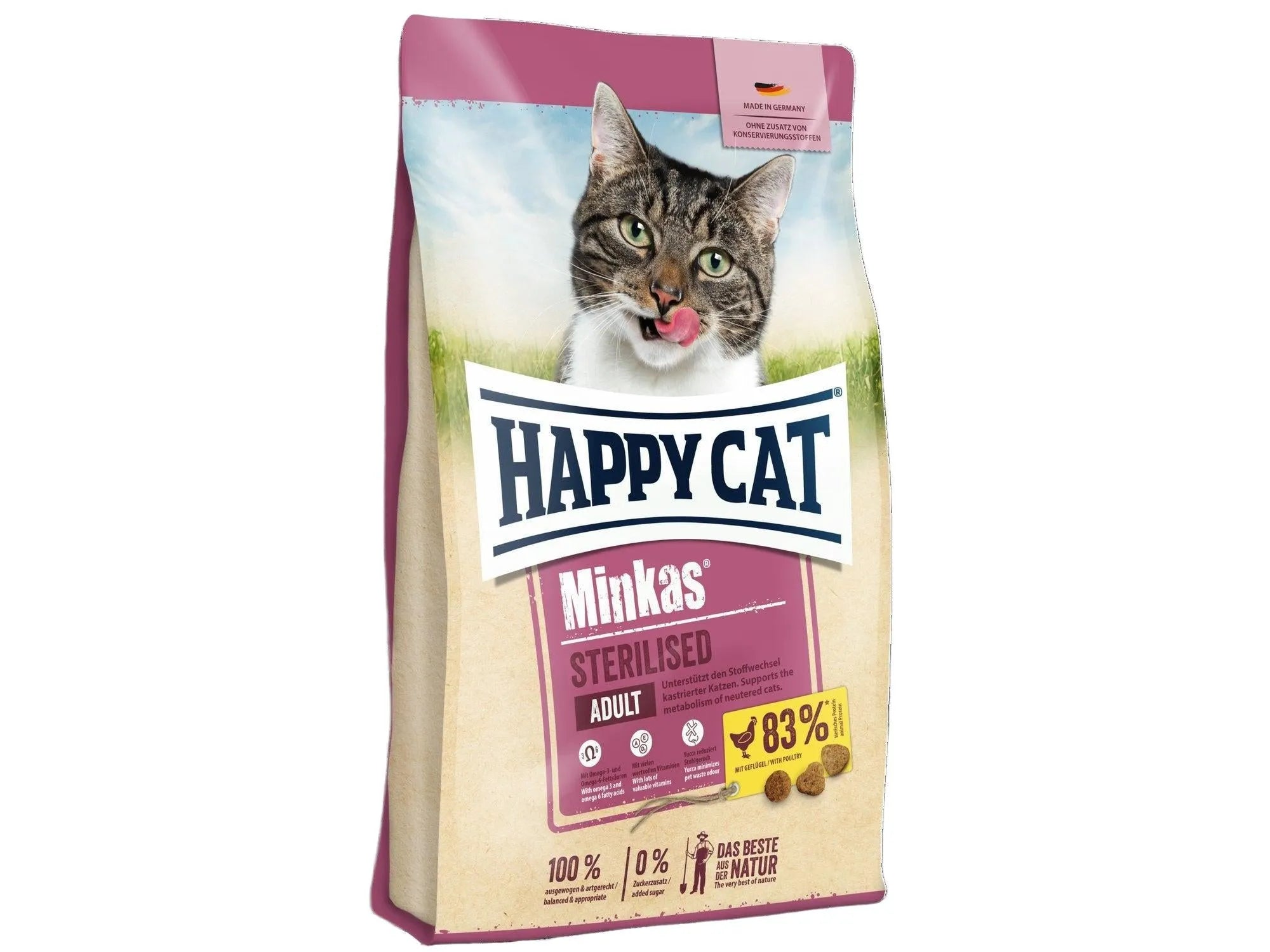 Happy Cat Minkas Sterilised Fugl 10kg kattematpose med en tabbykatt og lilla topp.
