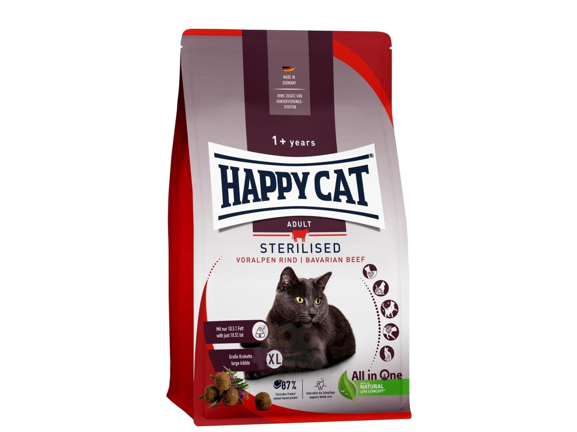 Happy Cat Sterilised Adult Oksekjøtt 300g, 1,3kg, 4kg & 10kg –  Steriliserte Katter med Oksekjøtt