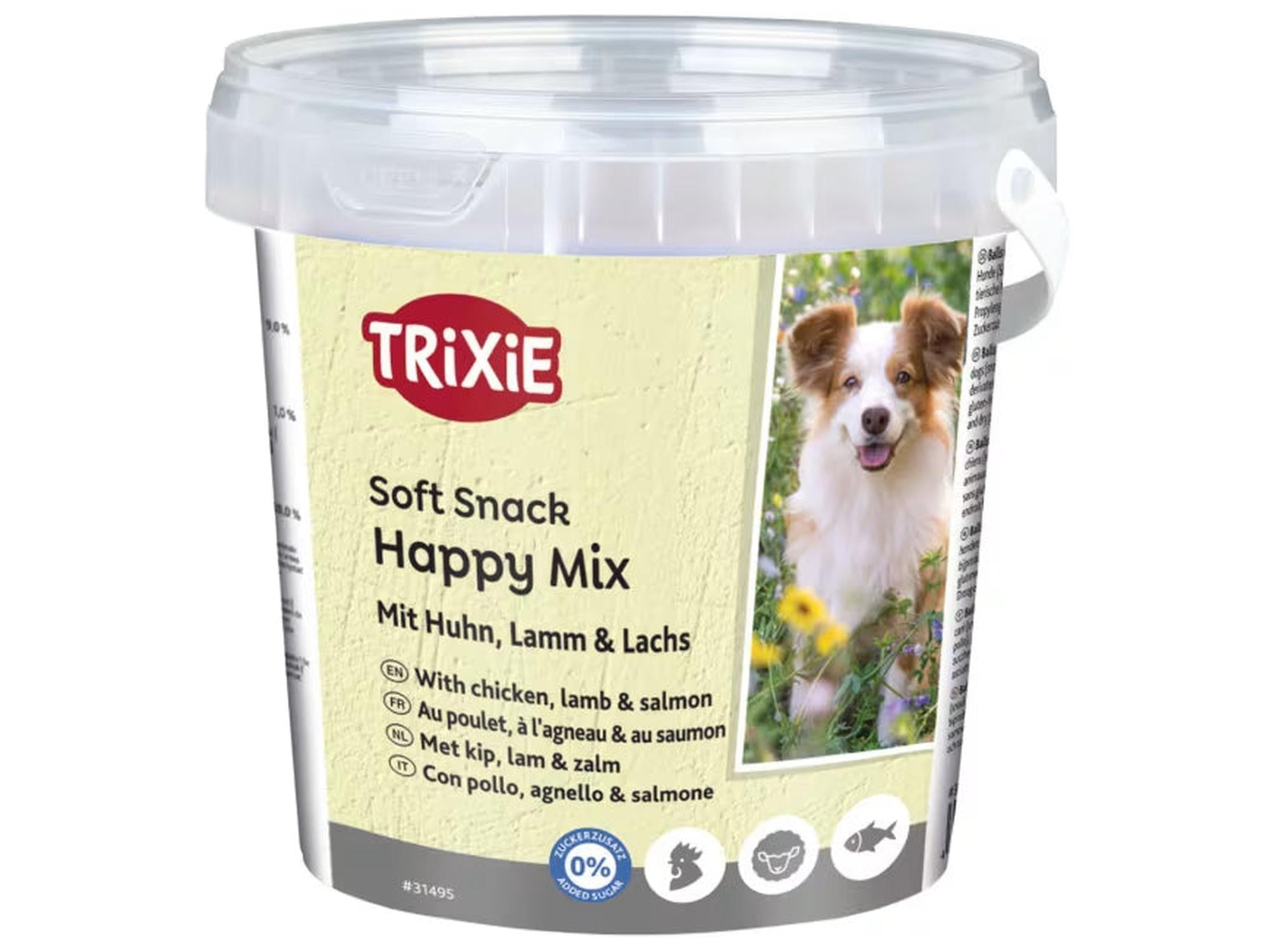 TRIXIE Happy Mix myke hundesnacks med kylling, lam og laks i en 500g gjennomsiktig plastbøtte.