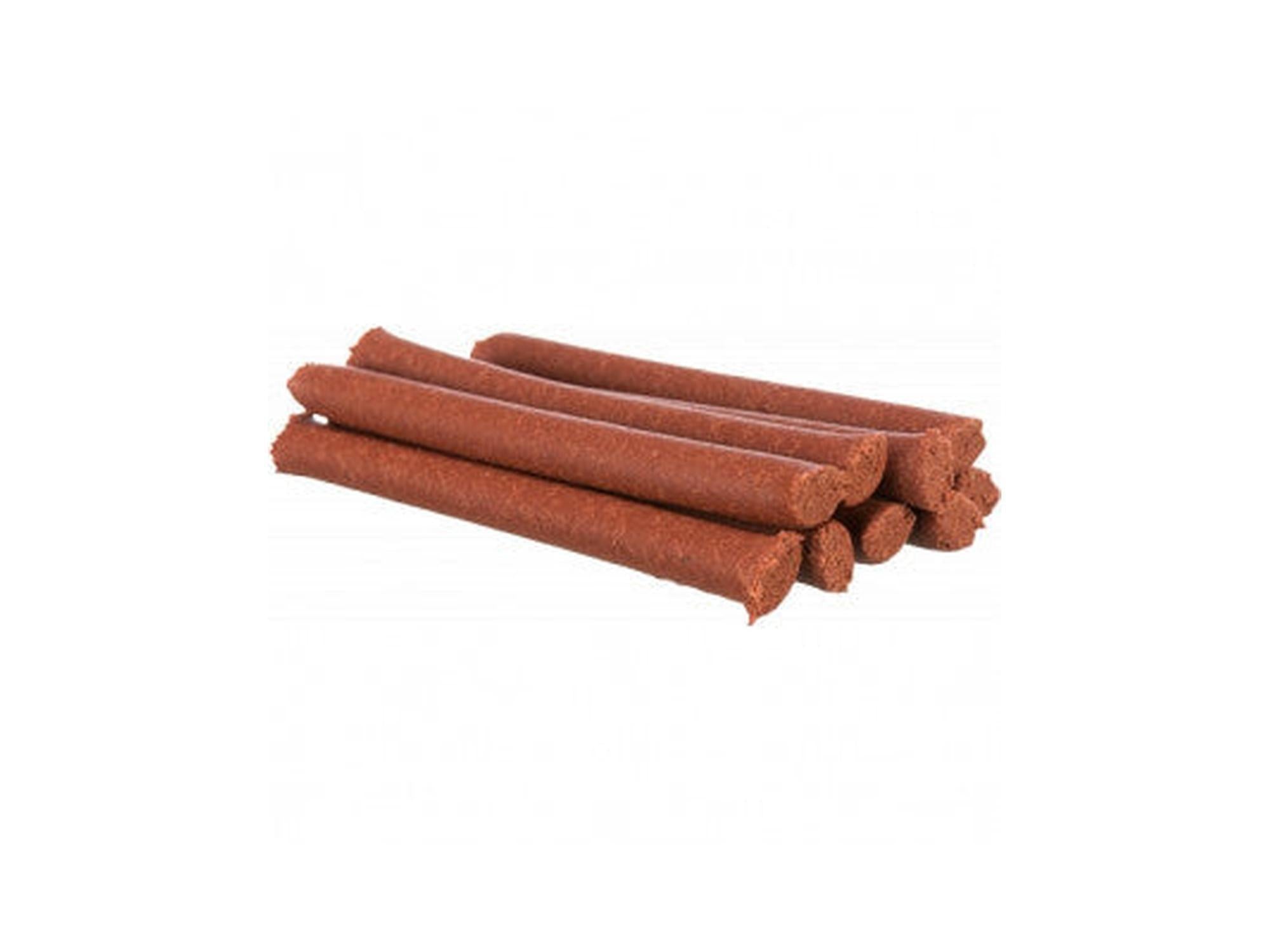 Brunrøde, myke Happy Rolls laksesnacks for hund, stablet i en liten haug.