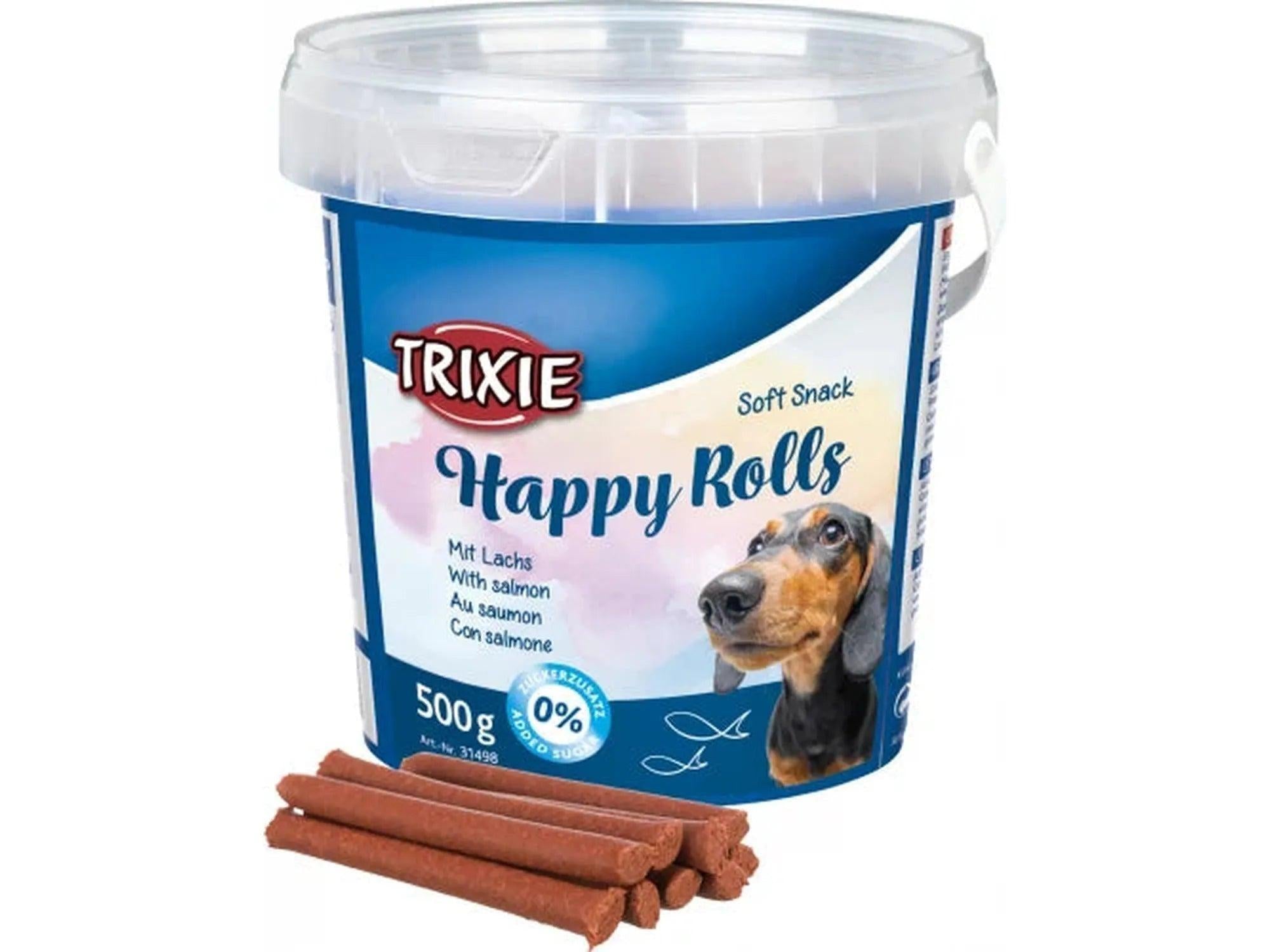 TRIXIE Happy Rolls myke laksesnacks for hund i en 500g plastbøtte, med brune ruller foran.