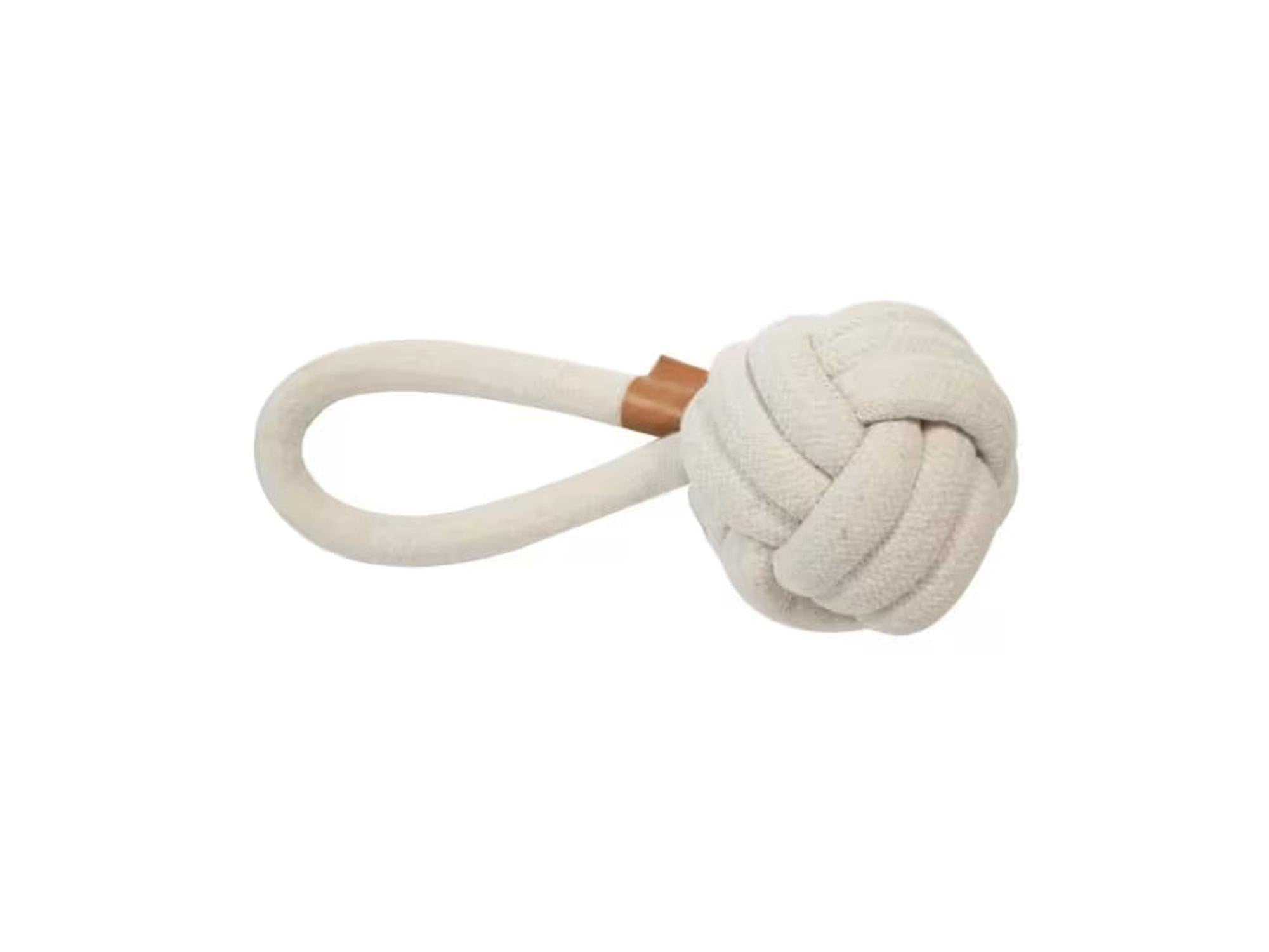Beige Harper tauknuteball i bomull med håndtak, 27 cm, for hundelek.