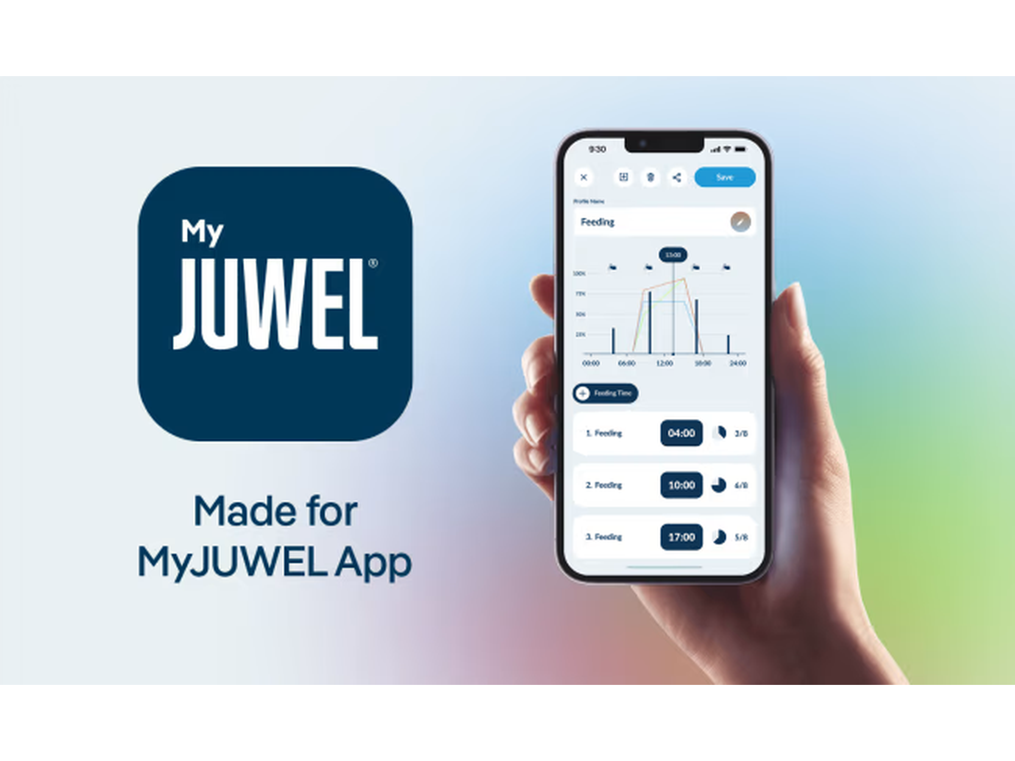 MyJUWEL app-logo og en hånd som holder en smarttelefon med appens fôringsplan.