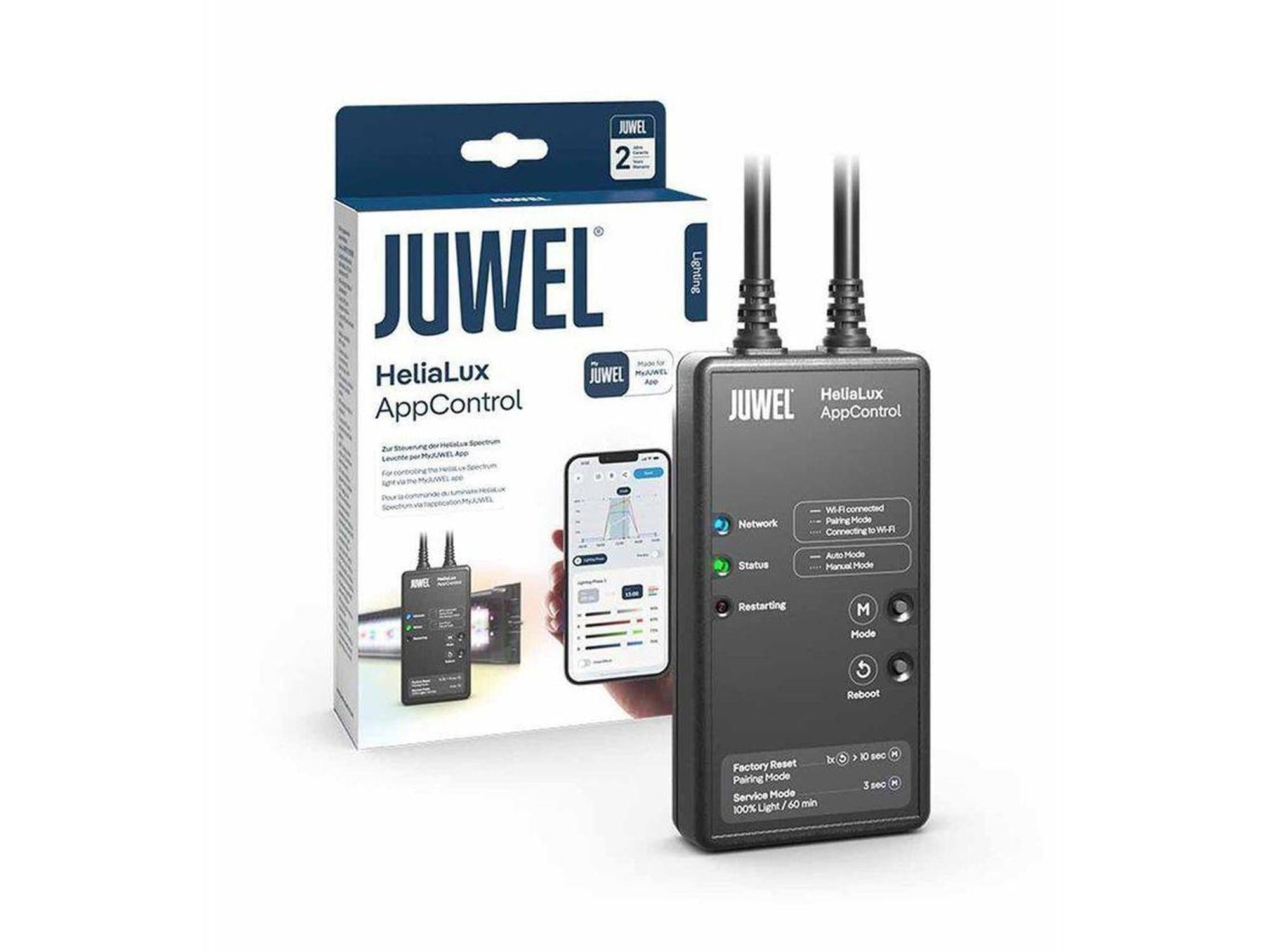 Juwel HeliaLux AppControl smart styringsenhet i svart med to kabler, vist ved siden av sin hvite og blå emballasje.