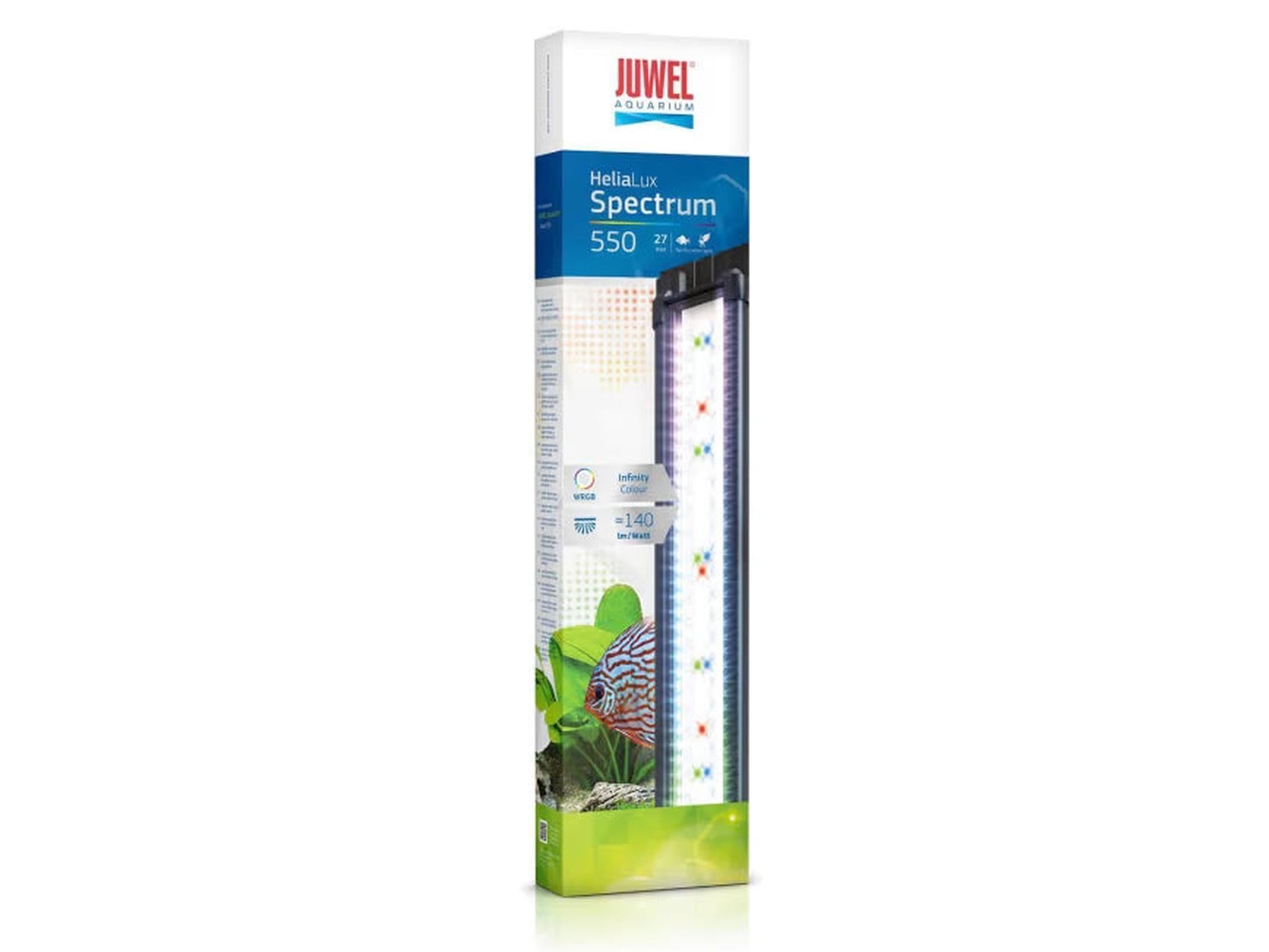 Juwel HeliaLux Spectrum 550 LED-armatur i eske, med synlige hvite, røde, grønne og blå LED-dioder.
