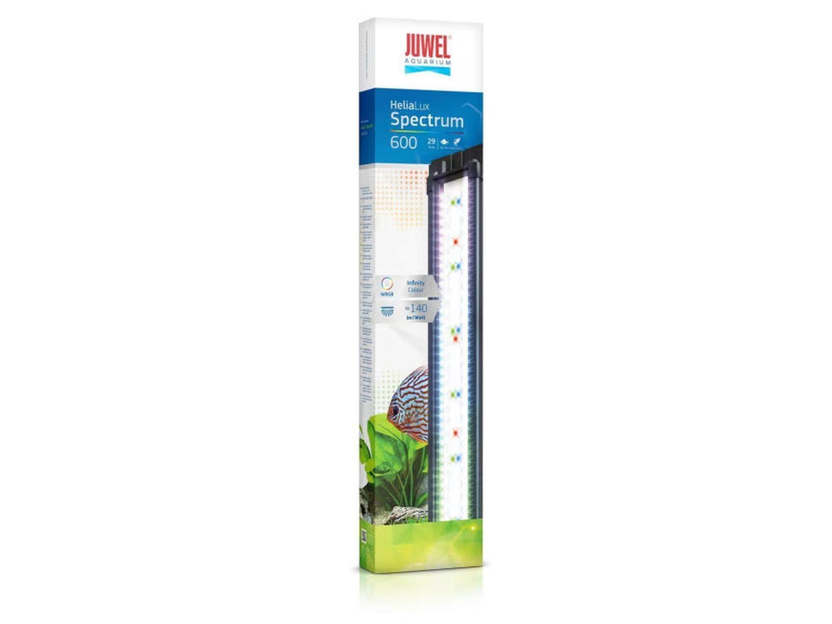 Juwel HeliaLux Spectrum 600 LED-armatur i hvit og blå emballasje, med fargerike lysdioder.