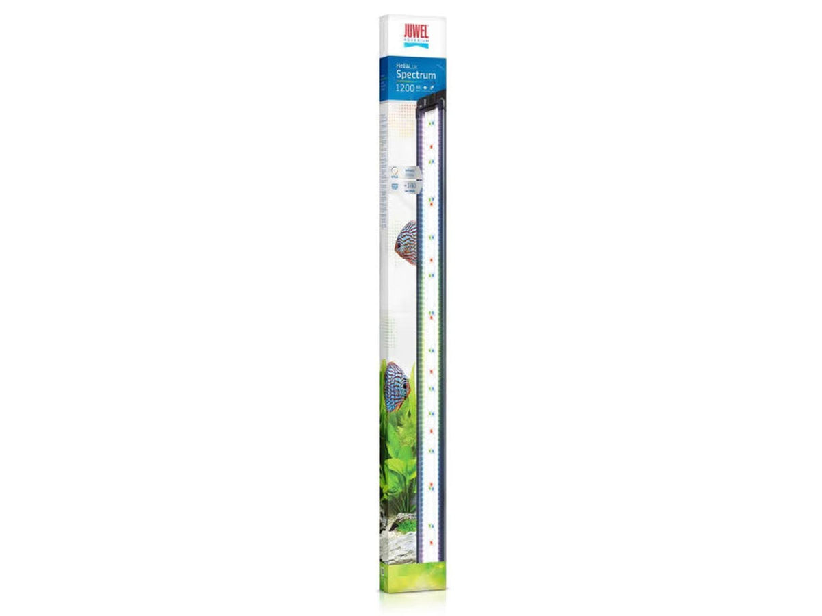 Juwel HeliaLux Spectrum 1200 LED-armatur i emballasje, viser fargerike lysdioder.