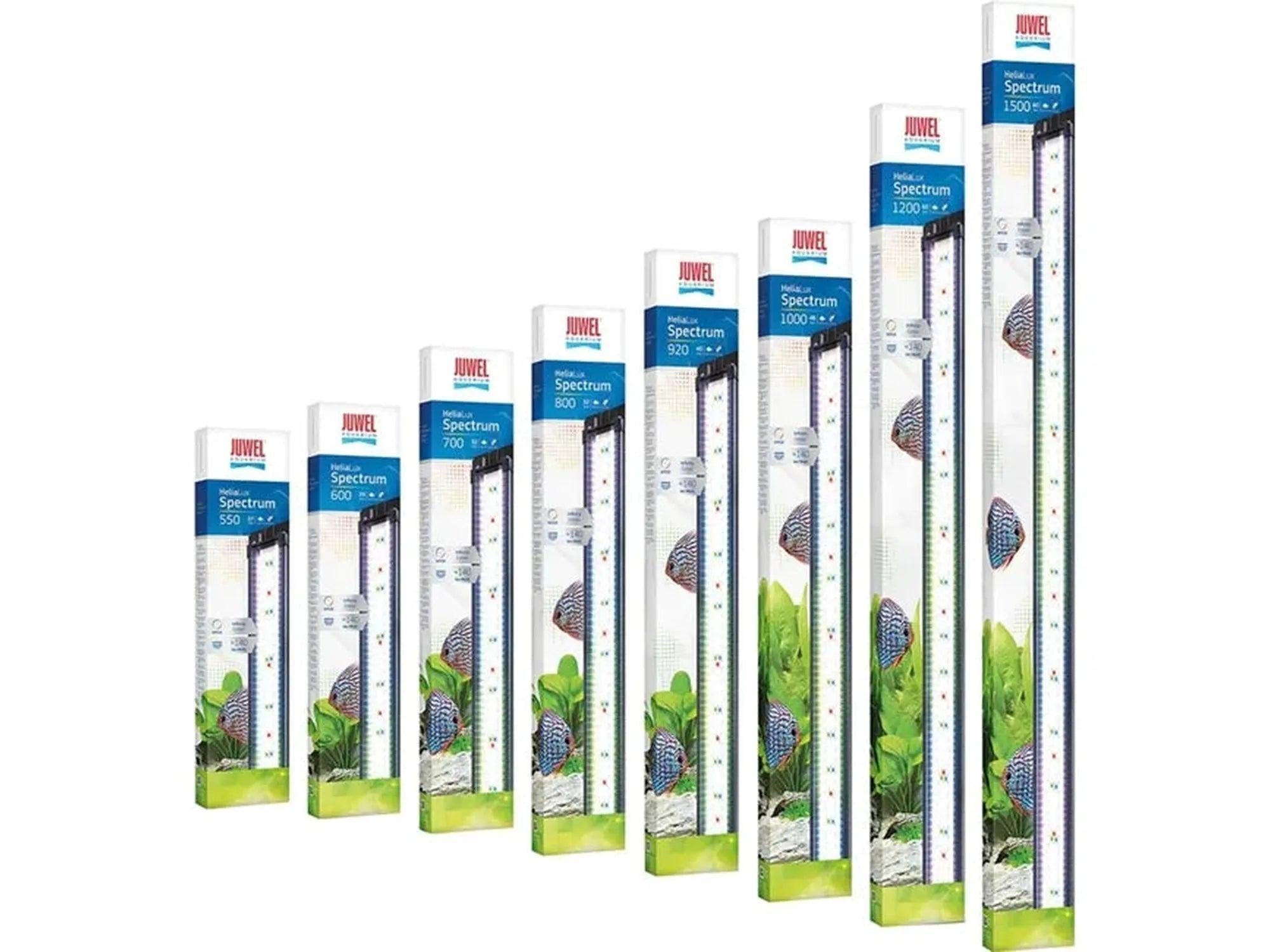 Juwel HeliaLux Spectrum LED-armaturer i ulike lengder, med akvariedekor og fisk.