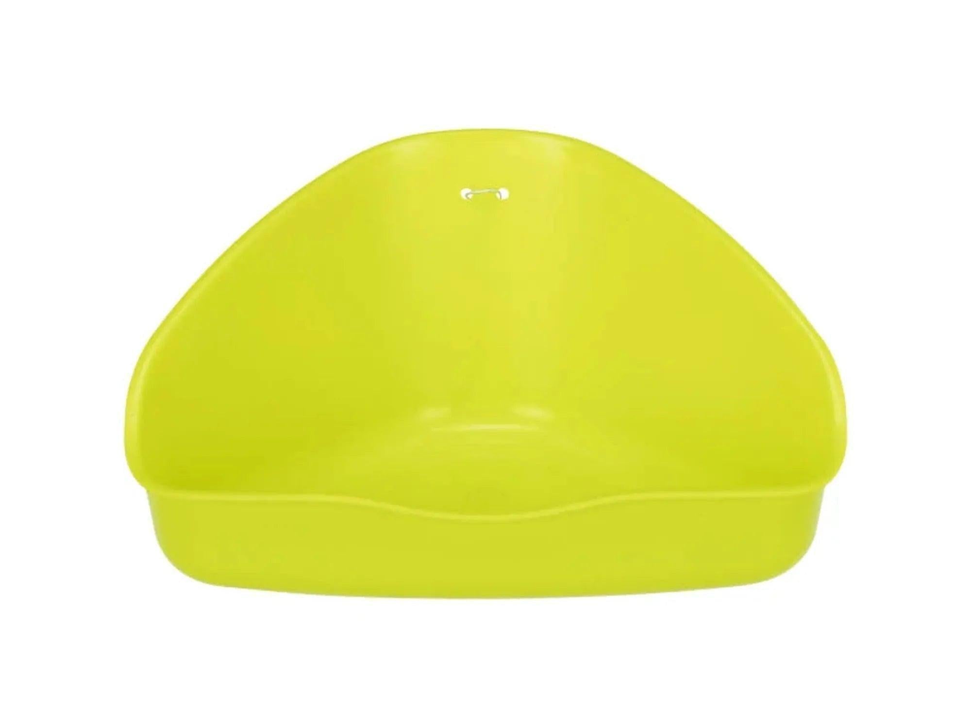 Gult hjørnetoalett i plast for hamster/mus, med lav inngang og glatt overflate.