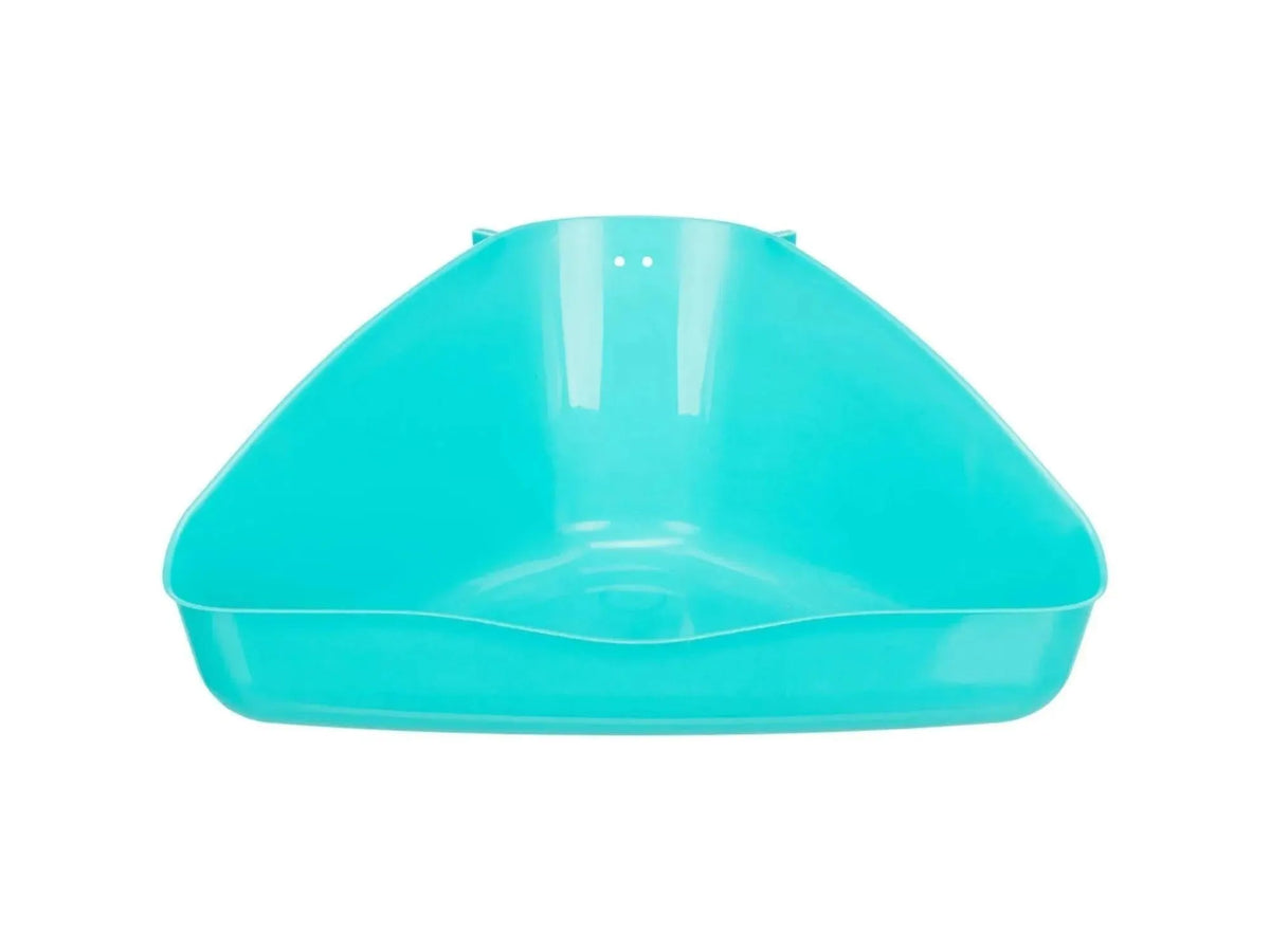 Turkis hjørnetoalett i plast for hamster, rotte eller marsvin, med lav inngang og veggfester.