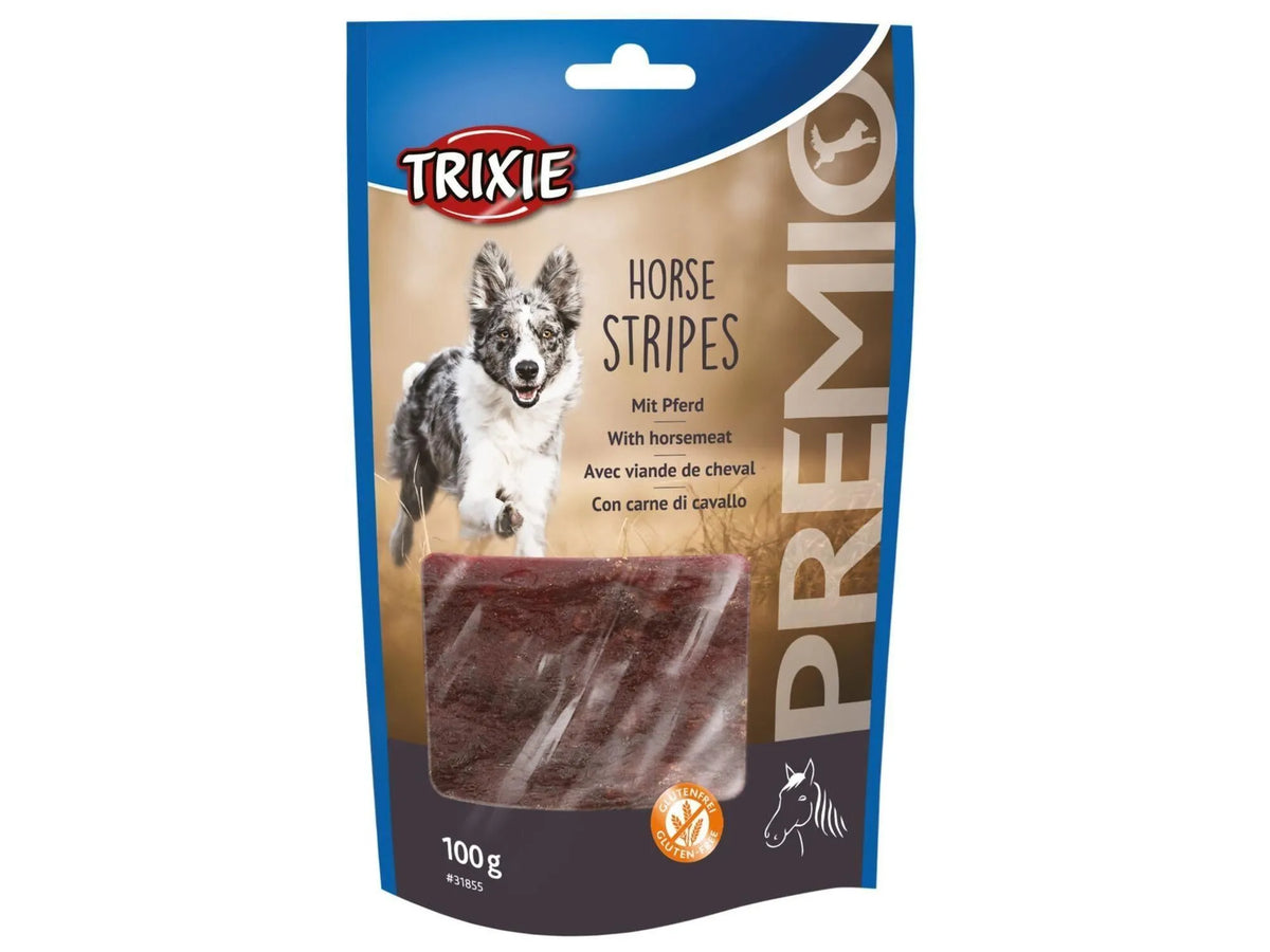 Trixie Premio Horse Stripes 100g godbit med hestekjøtt, glutenfri, i blå og hvit pose.