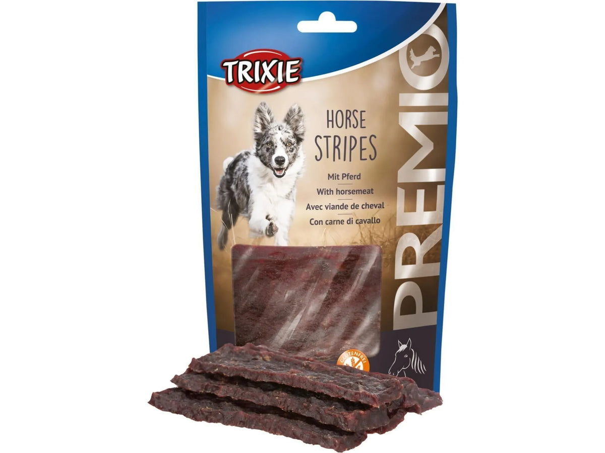Trixie Premio Horse Stripes godbit med hestekjøtt i blå og beige pose, med mørkebrune strimler.