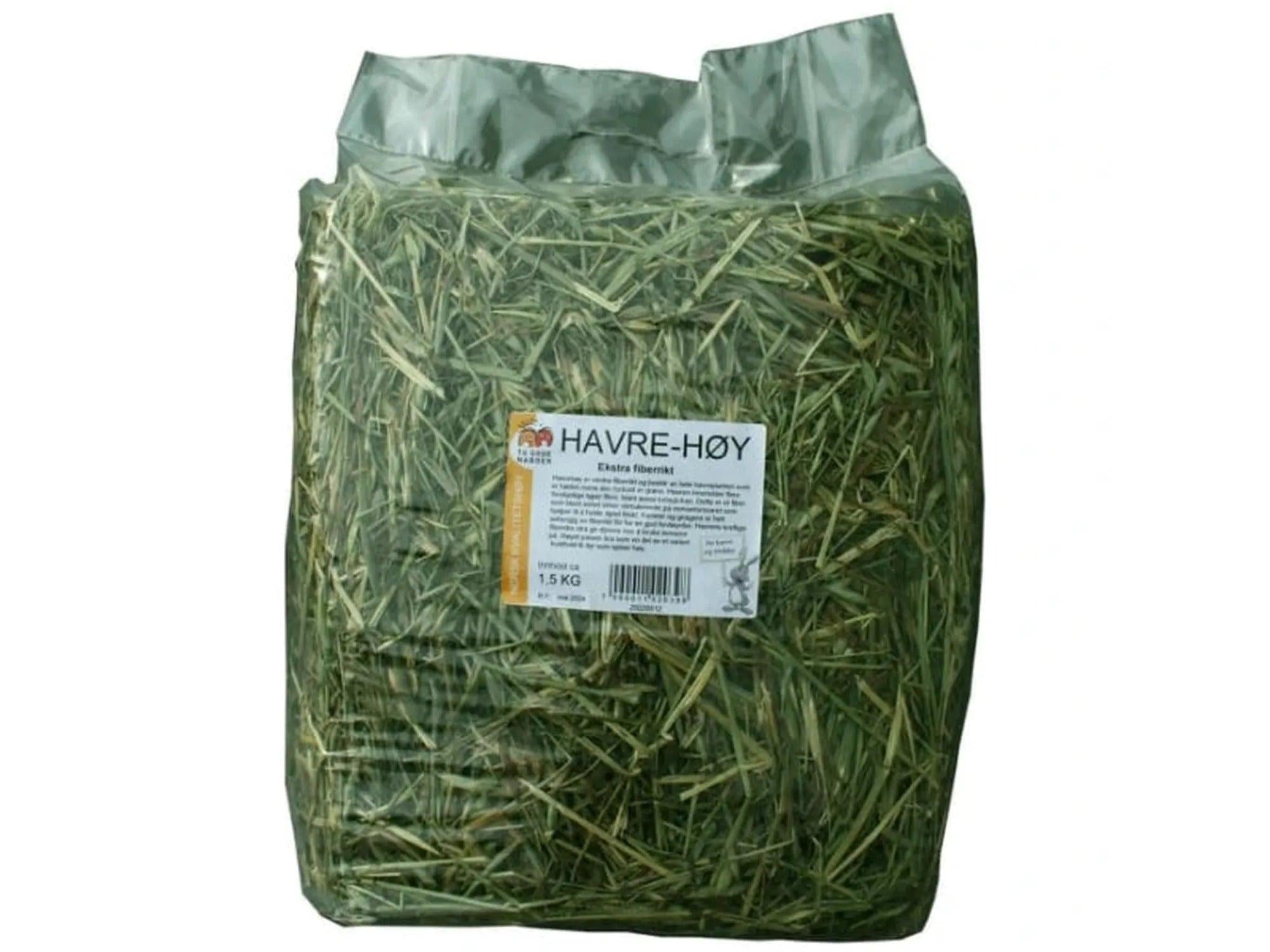 Stor, gjennomsiktig plastpose med grønt Havre-Høy fra To Gode Naboer, 1.5 kg.