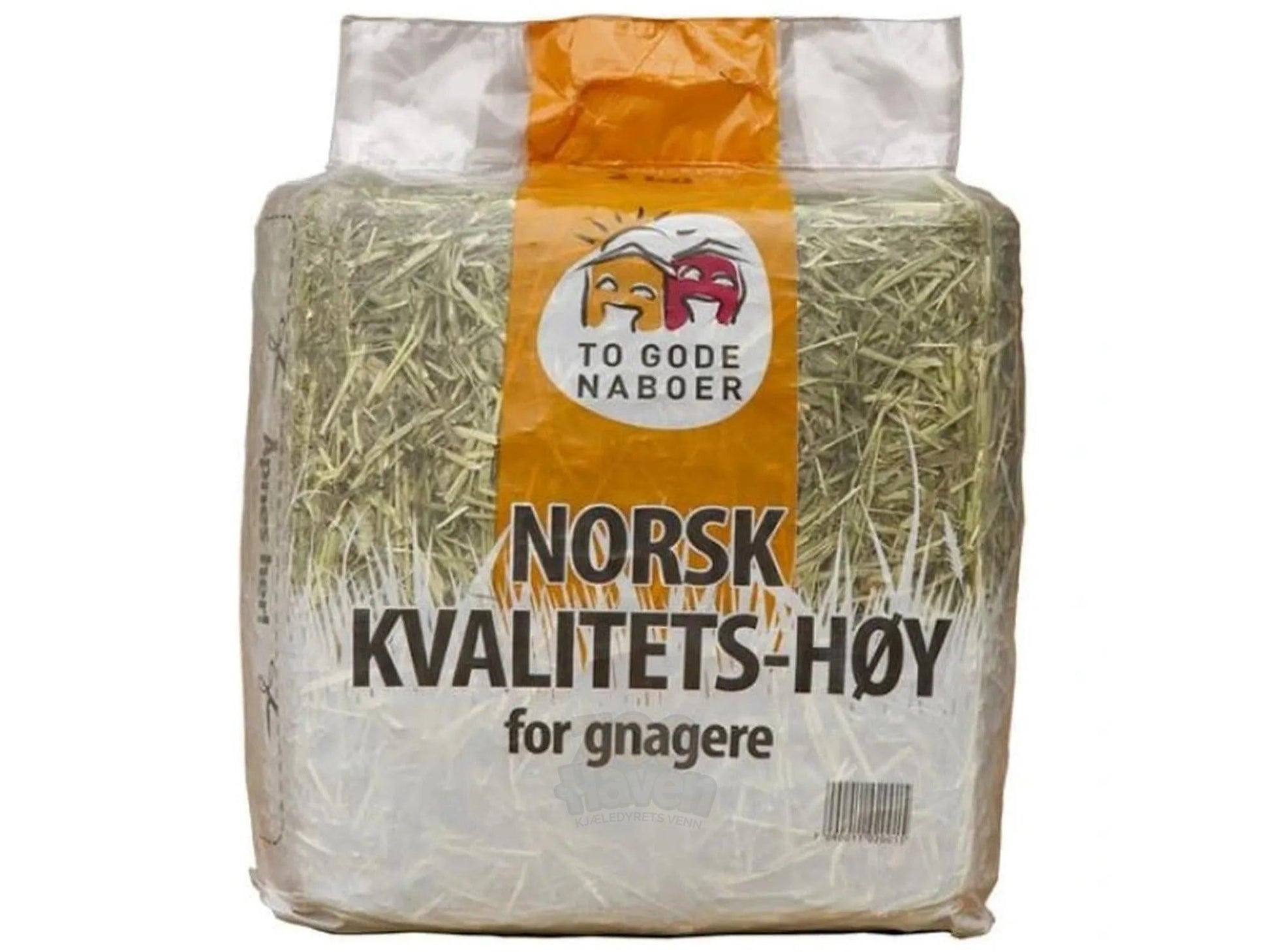 To Gode Naboer 2 kg norsk kvalitetshøy for gnagere i klar plastpose med oransje topp.