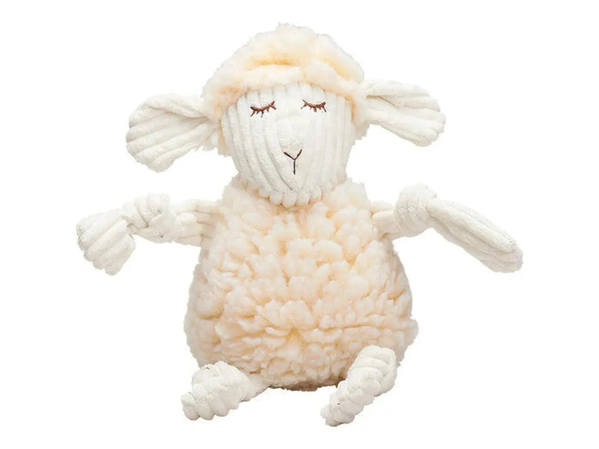 Myk, kremfarget HuggleHounds FlufferKnot Louise Small hundeleke med fleecekropp og knyttede, ribbestrikkede lemmer.