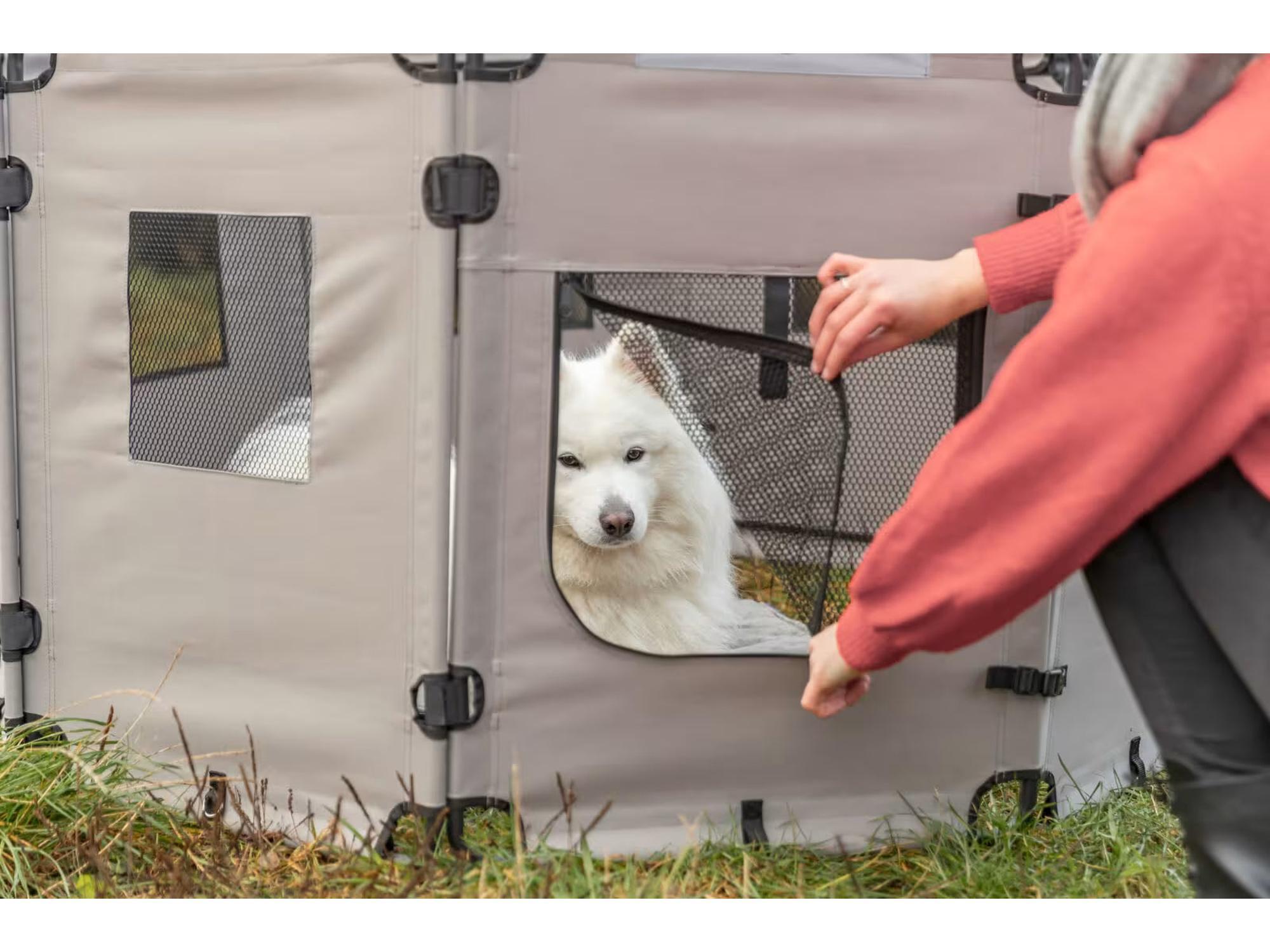 Hundegård Camping 39540 i grå tekstil med en hvit hund som ser ut av glidelåsåpningen.