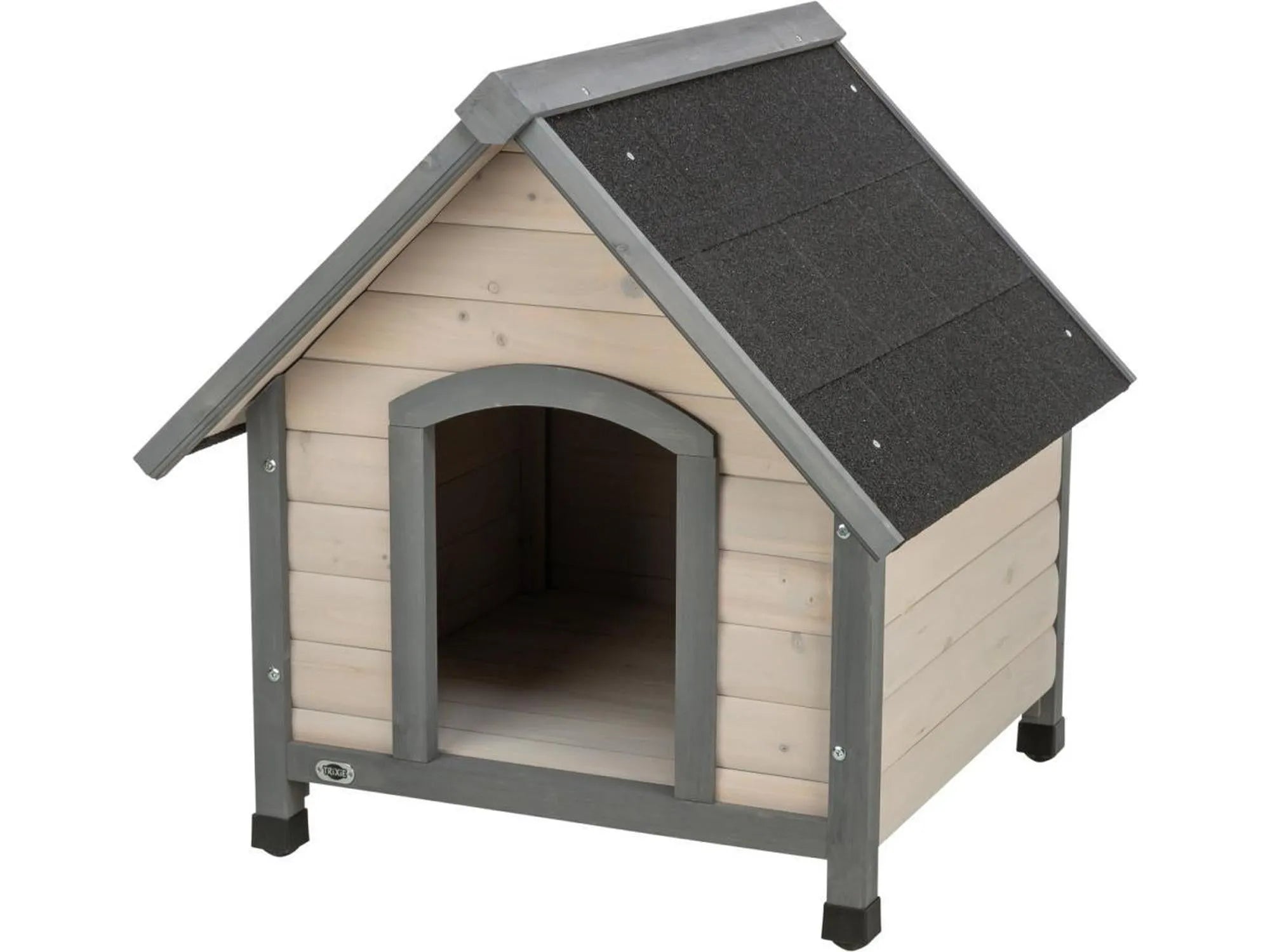 Klassisk hundehus Trixie Cottage i lyst tre med grått skråtak og hevet bunn.