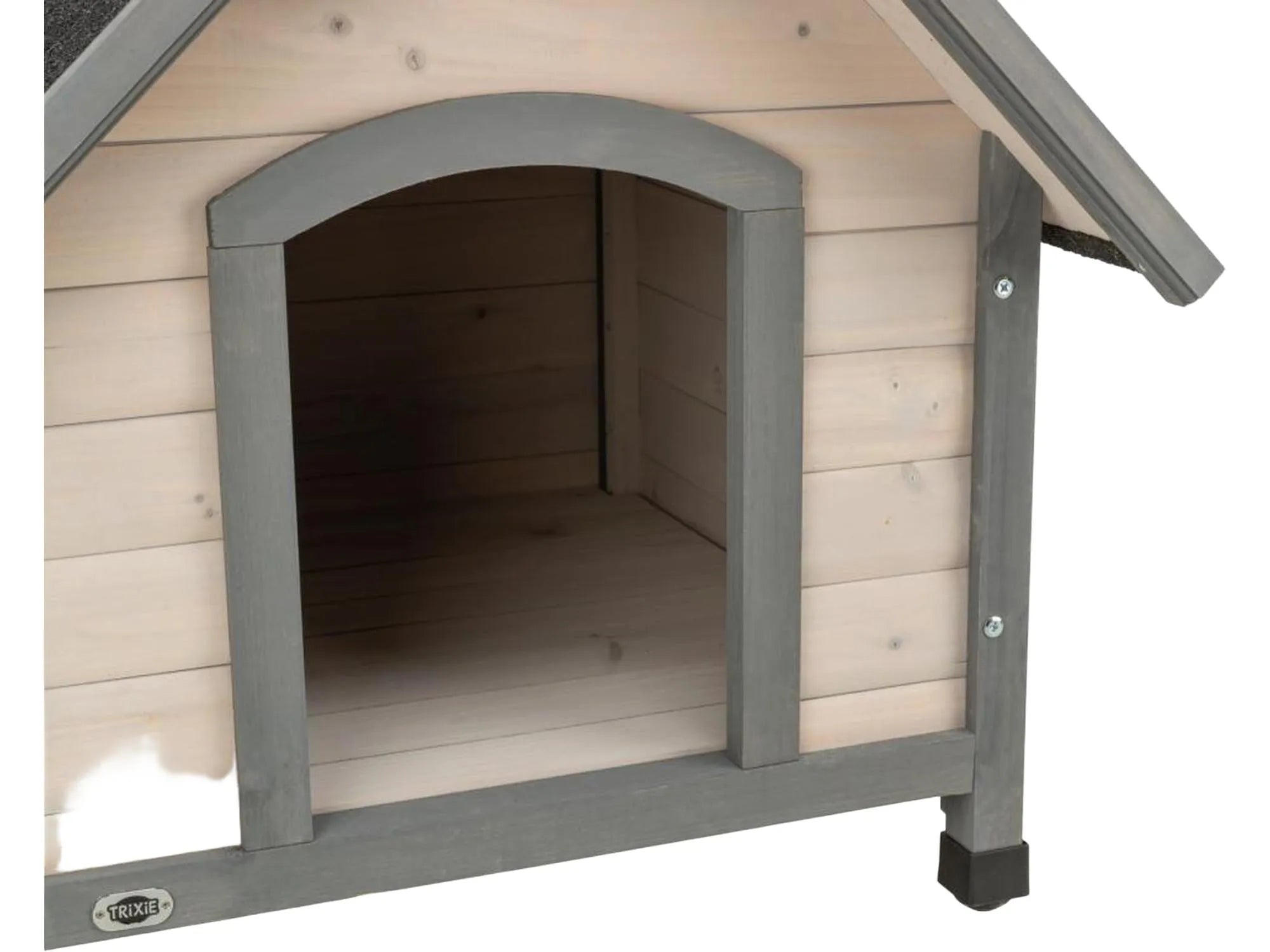 Klassisk hundehus i lyst furu med grå detaljer, skråtak og justerbare føtter.