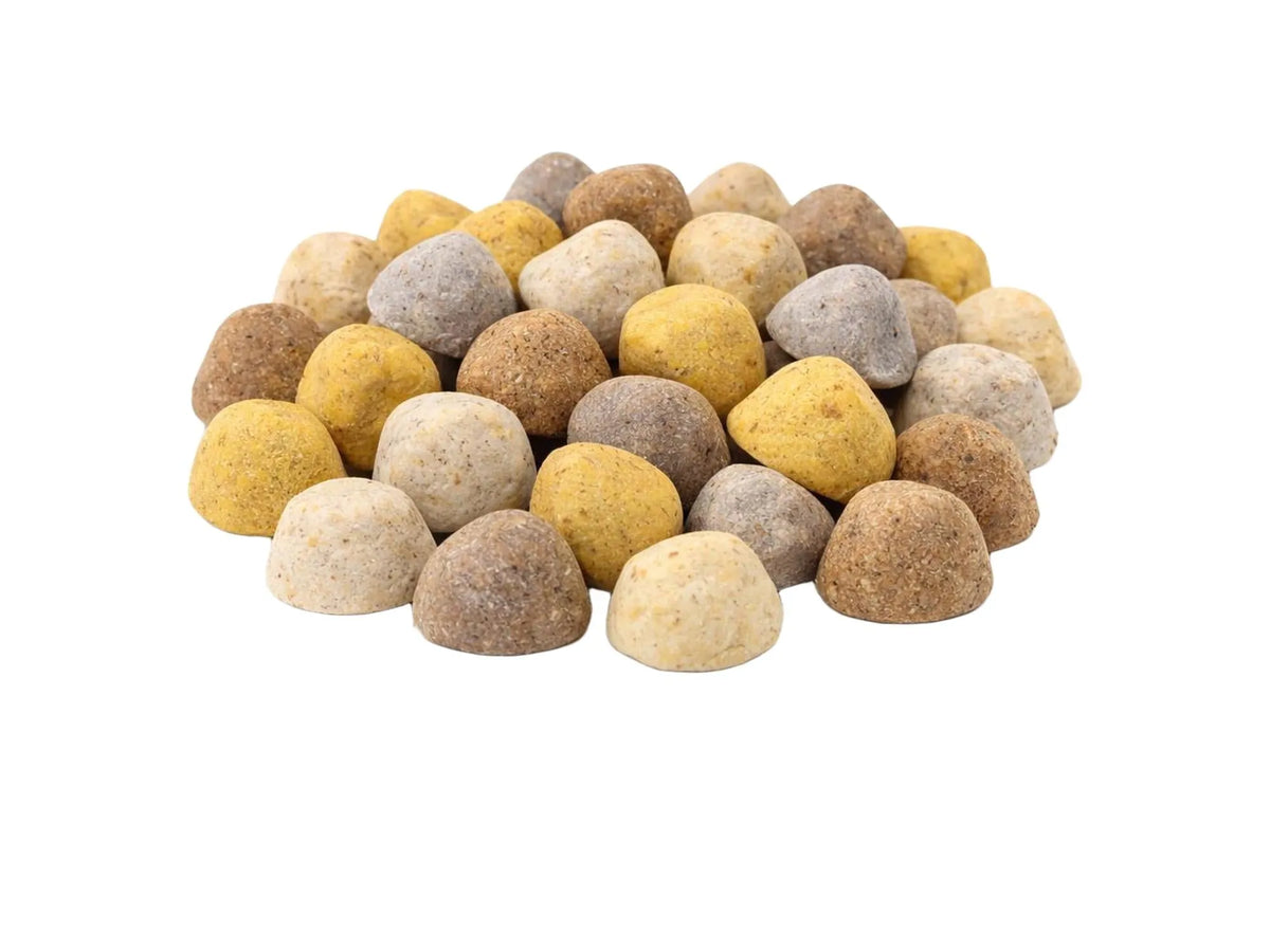 Fargerik blanding av små, toppformede hundekjeks i beige, brune og gule nyanser.