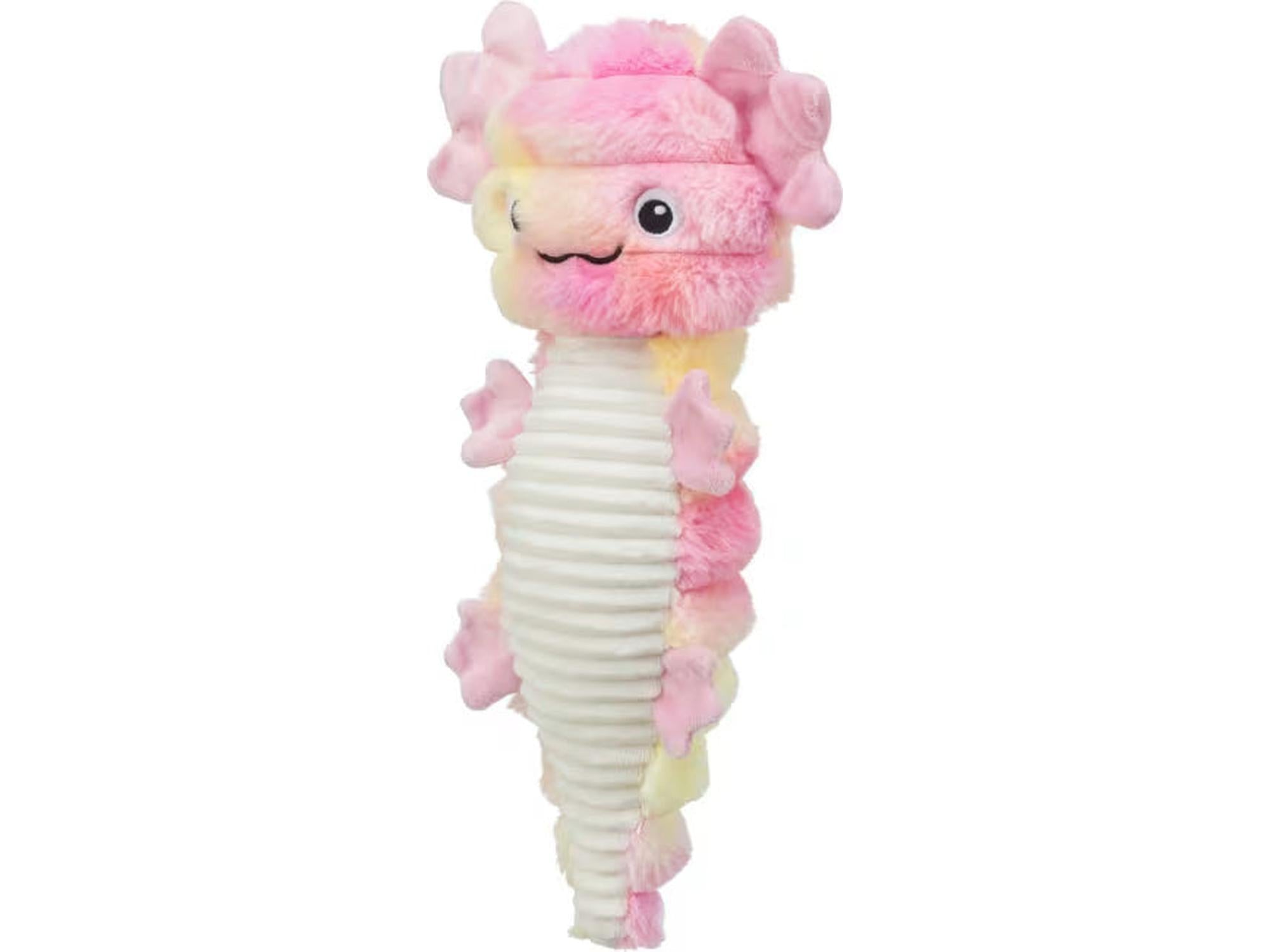 Myk plysj hundeleke formet som en fargerik axolotl i rosa, gul og hvit med pipelyd, 36 cm.