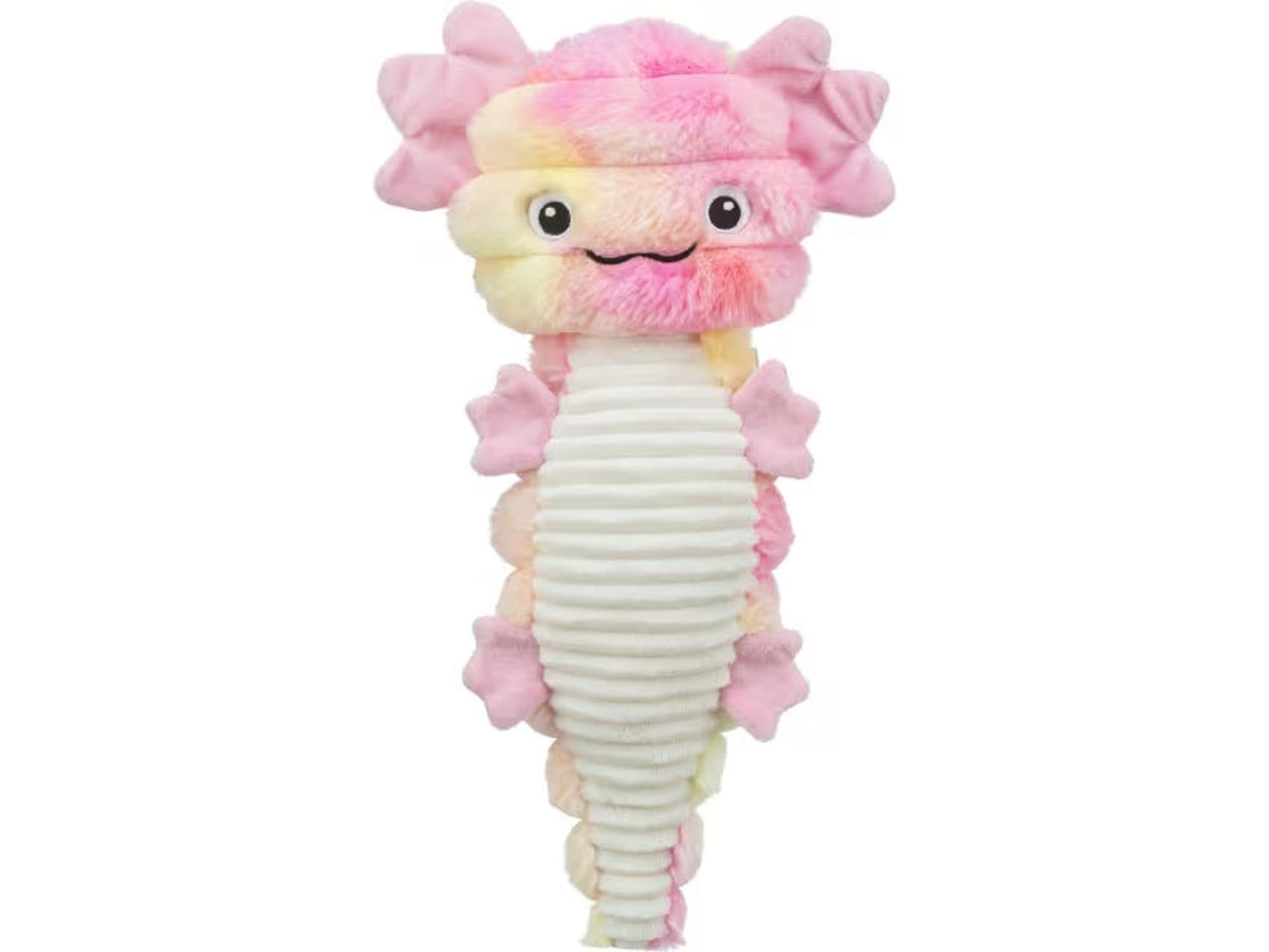 Myk plysj hundeleke, 36 cm, i fargerikt Axolotl-design med rosa, gule og hvite striper.
