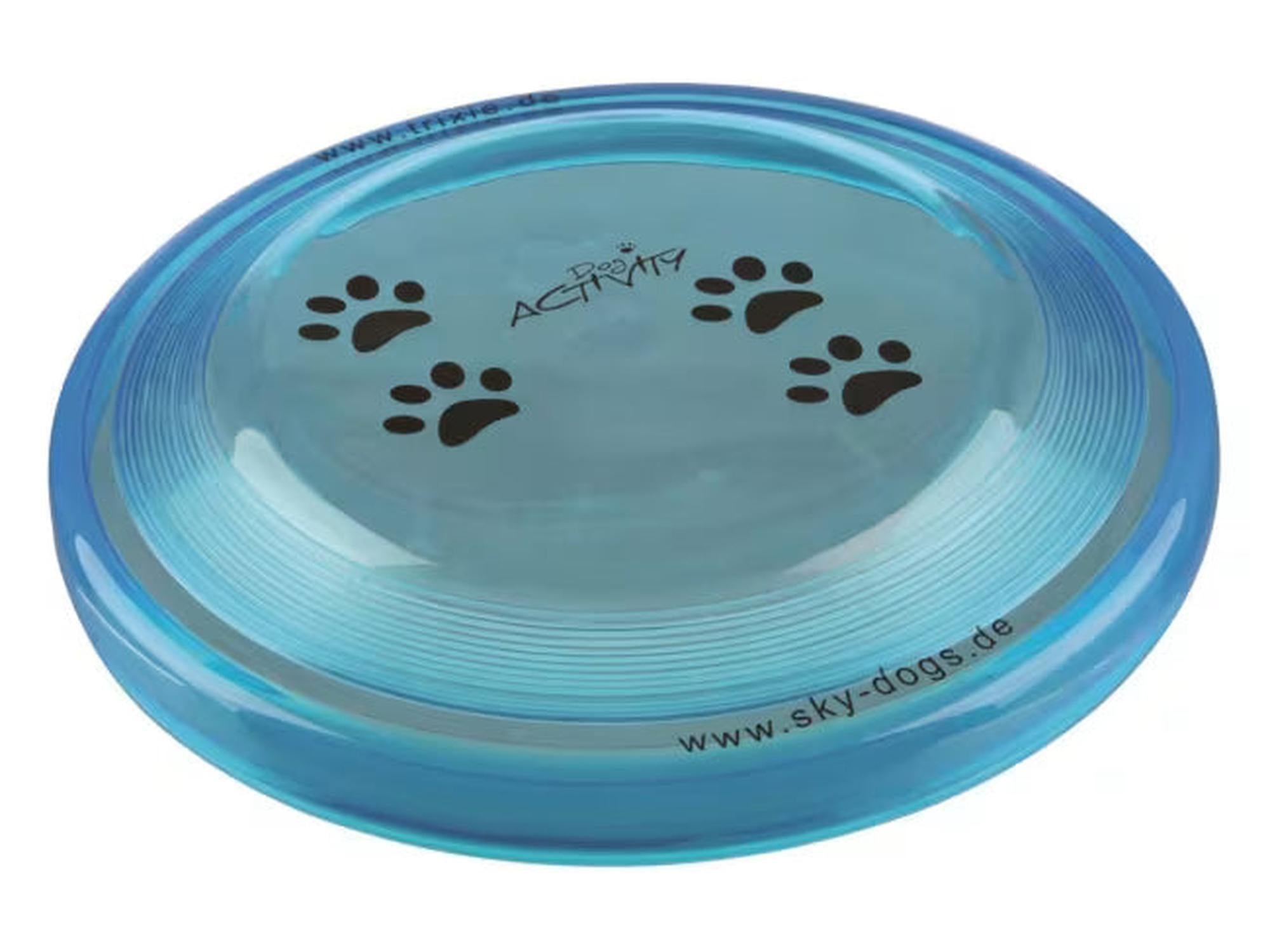 Blå, gjennomsiktig hundeleke frisbee i myk plast, Ø23 cm, med svarte potespor og "ACTIVITY" logo.