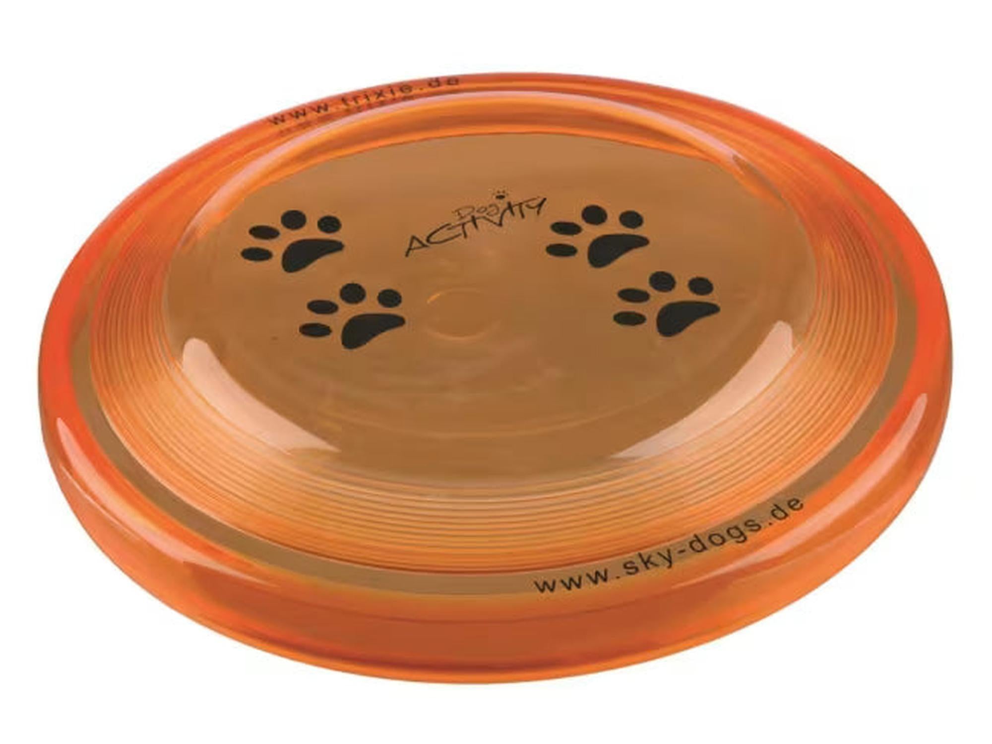 Oransje, gjennomsiktig hundeleke frisbee i myk plast, Ø23 cm, med svarte potespor og "Dog Activity" logo.
